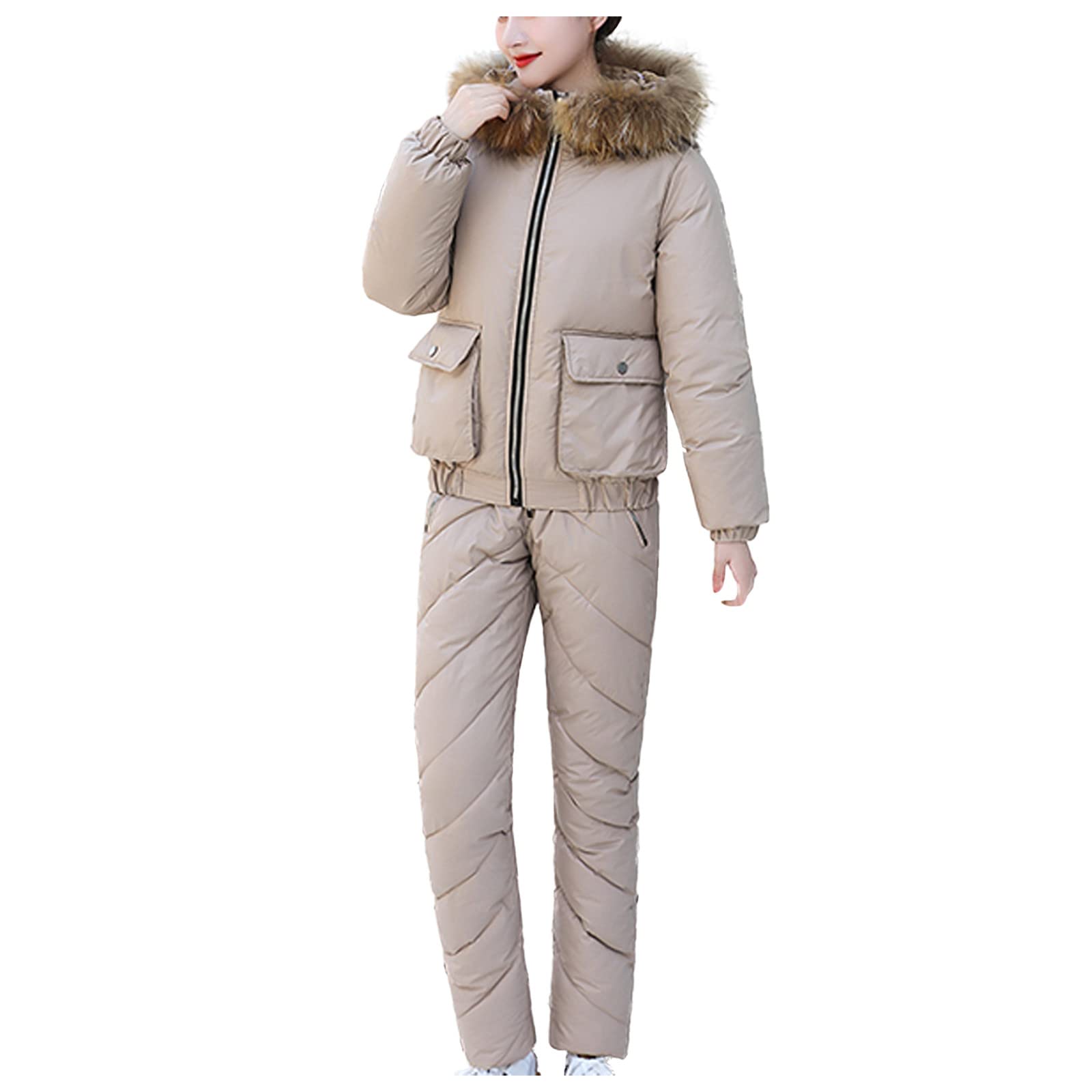 AMAM Women's Down Puff Jacket - Winter Ski Jacket with Hood & Zipper, Thick Cotton-Padded Insulated Coat for Skiing, Snowboarding & Outdoor Activities