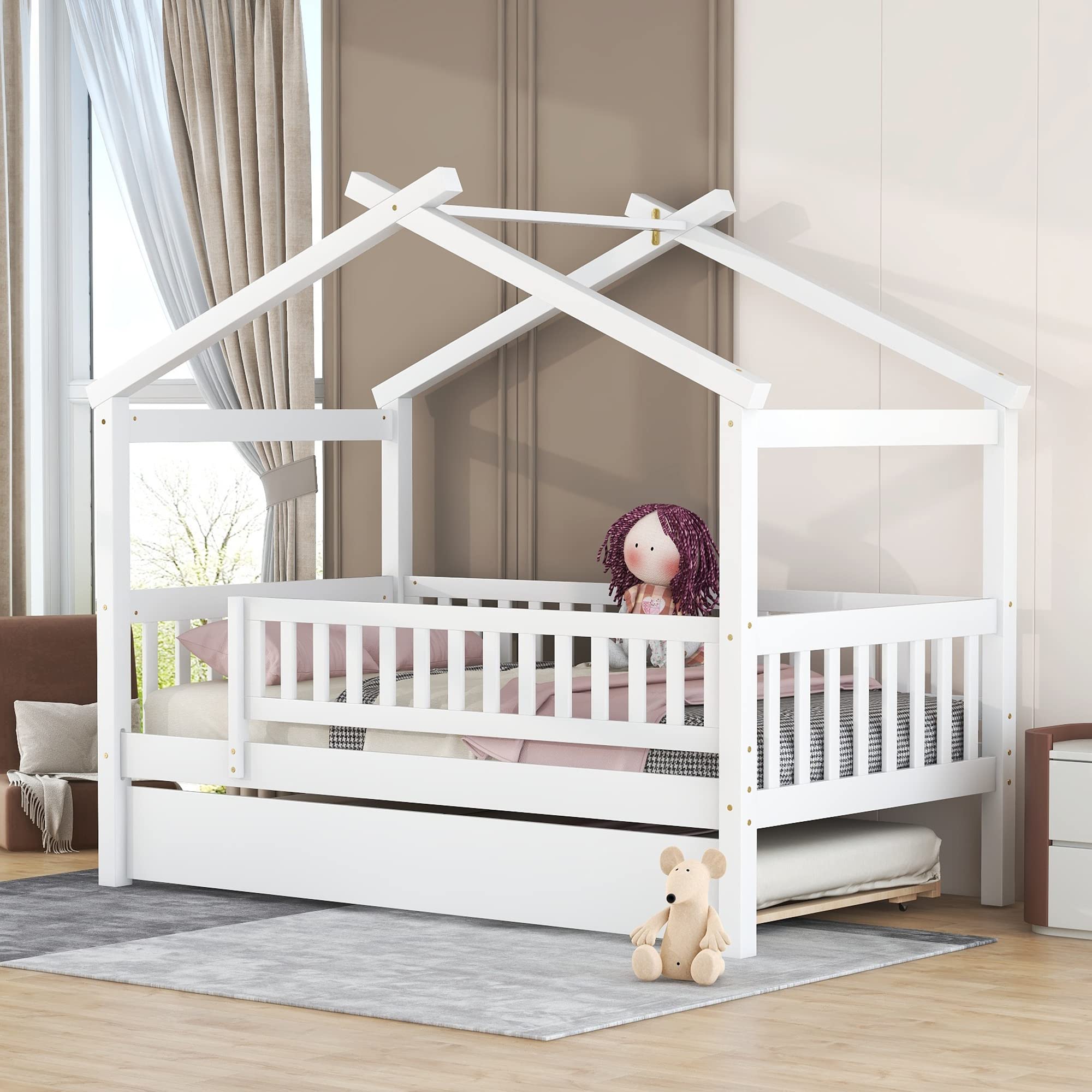 Harper & Bright Designs Twin Size Wooden House Bed with Trundle - Kids Bed Frame with Roof & Fence Design for Boys & Girls - Perfect for Bedrooms, Playrooms & Sleepovers (White)