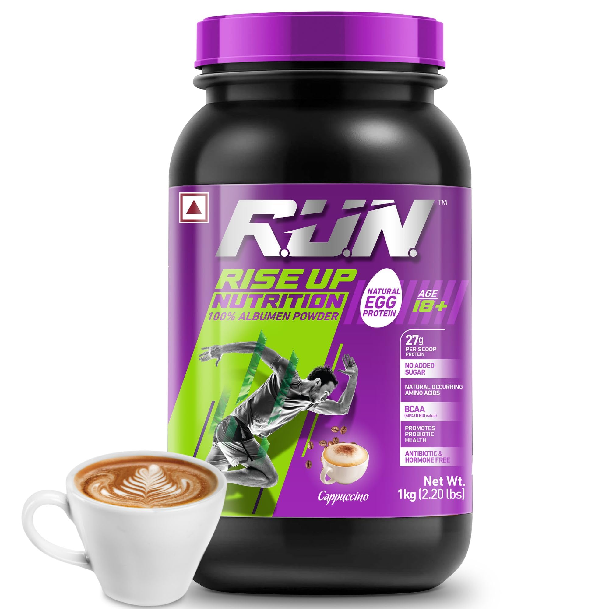 R.U.N-RISE UP NUTRITION Egg White Protein Powder for Athletes & Fitness | 27g Protein, 14g EAA | Lactose, Soy & Gluten Free | Supports Immunity & Muscle Recovery | Cappuccino Flavor - 1kg | Perfect for Post-Workout & Healthy Lifestyle