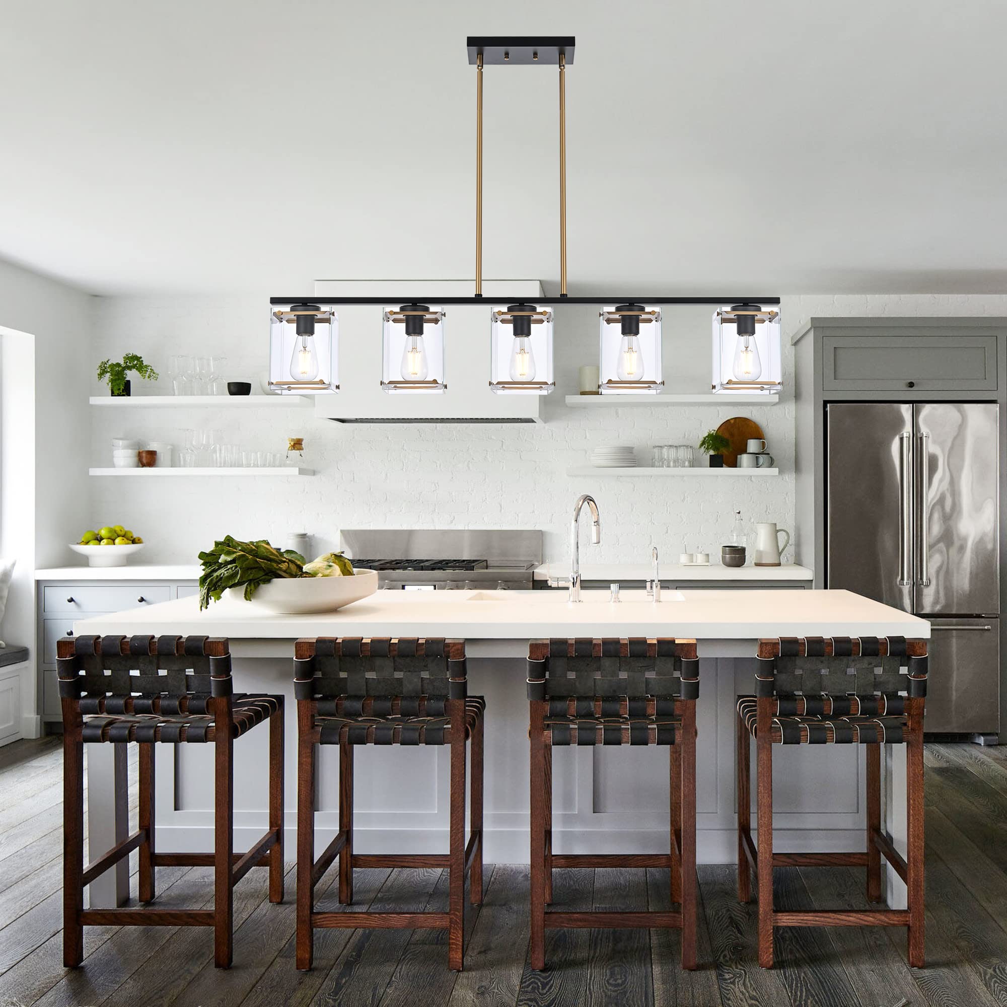 MELUCEE 5-Light Modern Linear Chandelier - Black and Brass Rectangular Pendant Light with Clear Glass Shades for Kitchen Island, Dining Room, Living Room | Perfect for Contemporary Home Decor and Open Concept Spaces