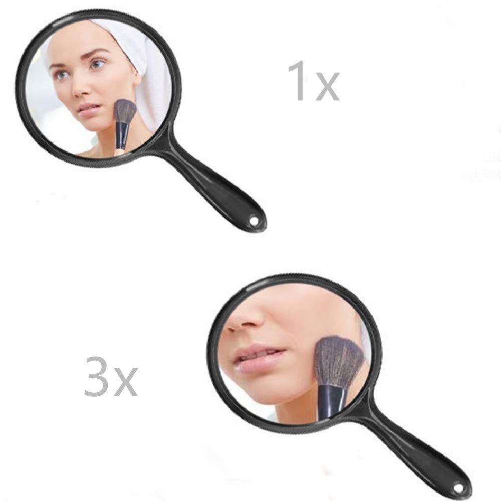 3X/1X Magnifying Makeup Hand Mirror - Double-Sided Travel Cosmetic Mirror with Acrylic Clear Finish, Large Round Handheld Mirror (Black) - Perfect for Home Vanity, Travel & Professional Makeup Application