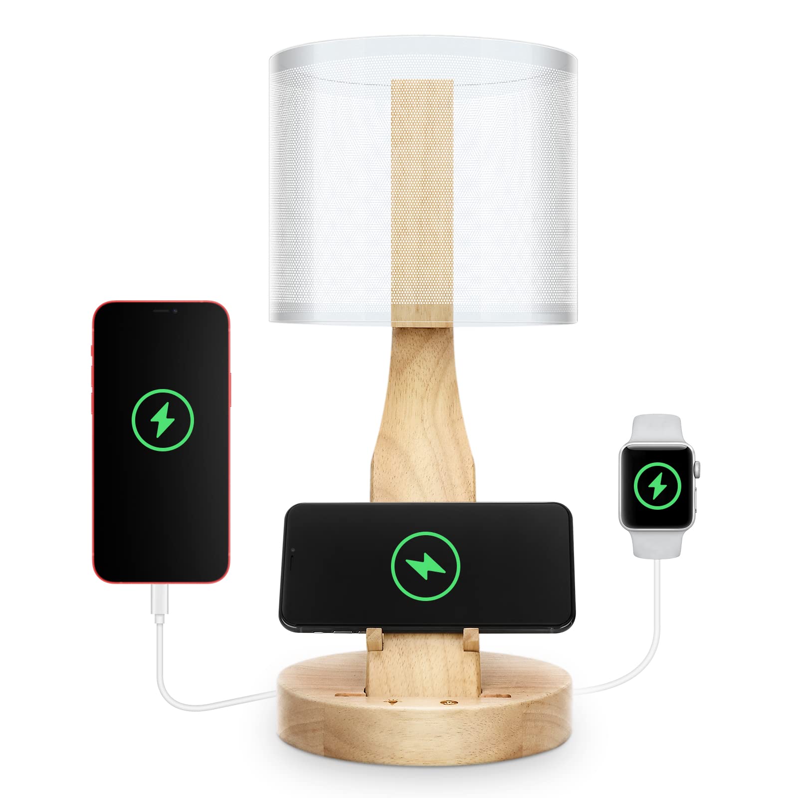 Wireless Charging Bedside Lamp with USB Port - Qi Charger, Touch Control, Dimmable & Color Changing Night Light - Perfect for Bedroom, Reading Nook, and Home Decor - Diffused LED Book Light with Decorative Lamp Shade