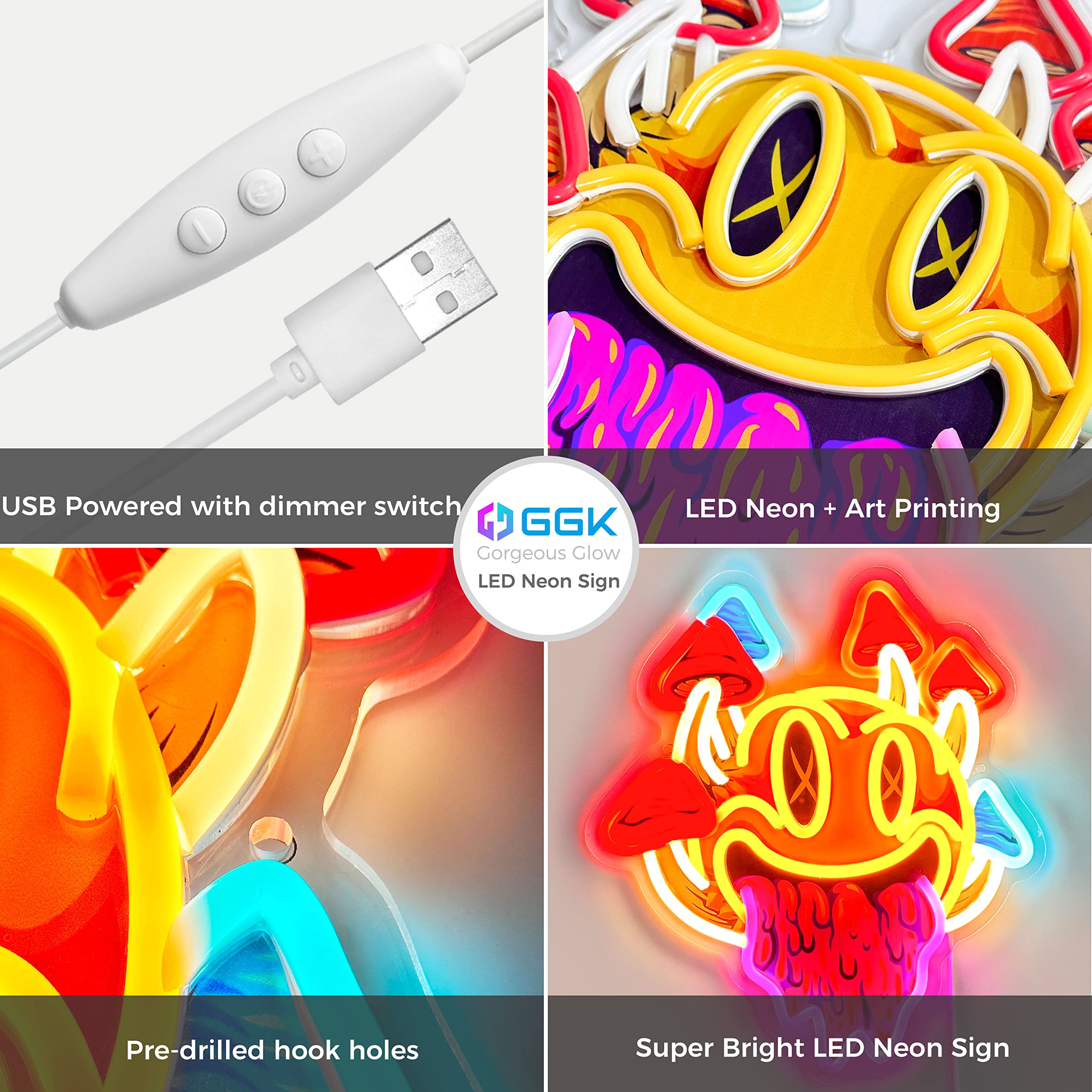 GGK Smiling Mushroom Neon Sign - Unique Trippy Mushroom Wall Decor, Aesthetic Room Lighting for Halloween Parties, Bedroom, Bar, Game Room & Man Cave - Perfect for Psychedelic Themed Spaces & Gift Ideas