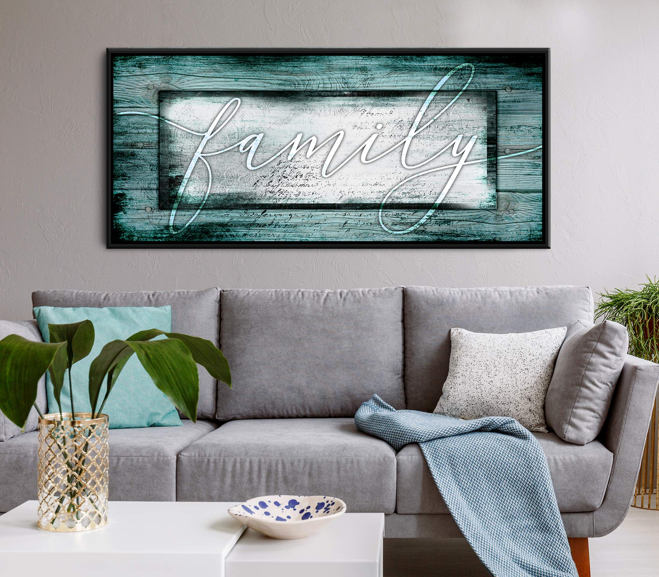 Farmhouse Rustic Framed Canvas Wall Art - Large 42x19 Inch Teal & Black Floating Frame - Family Home Decor for Living Room, Housewarming Gift - Perfect for Farmhouse, Rustic & Modern Interior Design