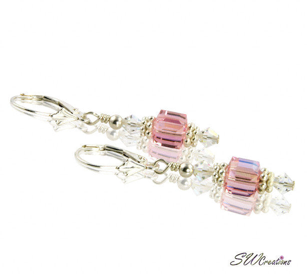 Sparkling Pink Rose Cube Crystal Stud Earrings for Women - Elegant Gift for Valentine's Day, Anniversary & Party Wear