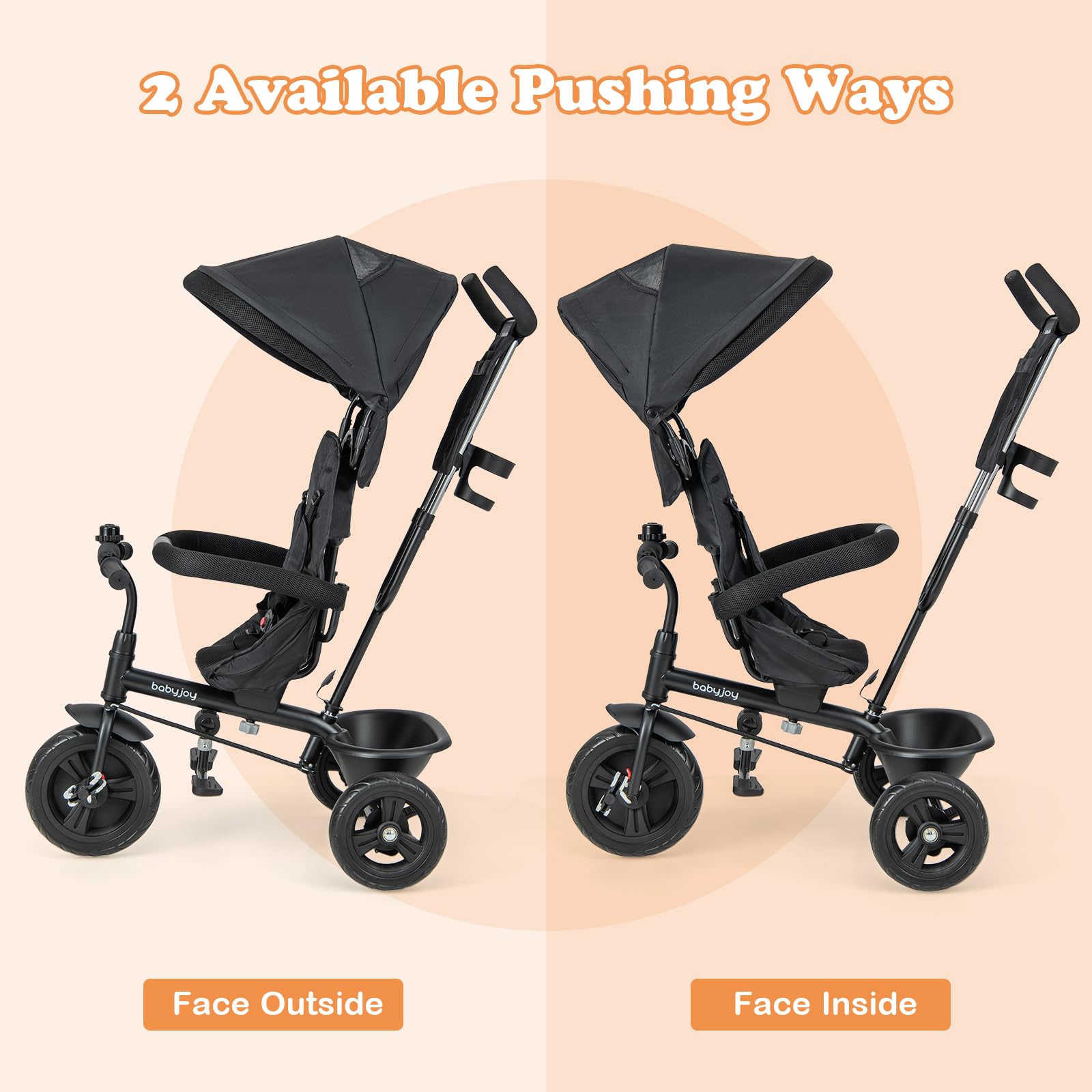 BABY JOY 4-in-1 Adjustable Toddler Tricycle with Removable Canopy, Push Handle & Safety Belt - Foldable Footrest & Storage Basket - Reversible Seat for Boys & Girls 9-60 Months (Black) - Perfect for Outdoor Play, Park Rides & Learning to Bike