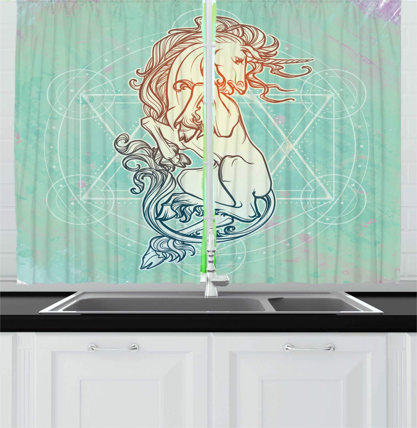Ambesonne Alchemy Kitchen Curtains - Unicorn Design on Geometric Pastel Backdrop, 2 Panel Window Drapes for Kitchen & Cafe Decor, 55