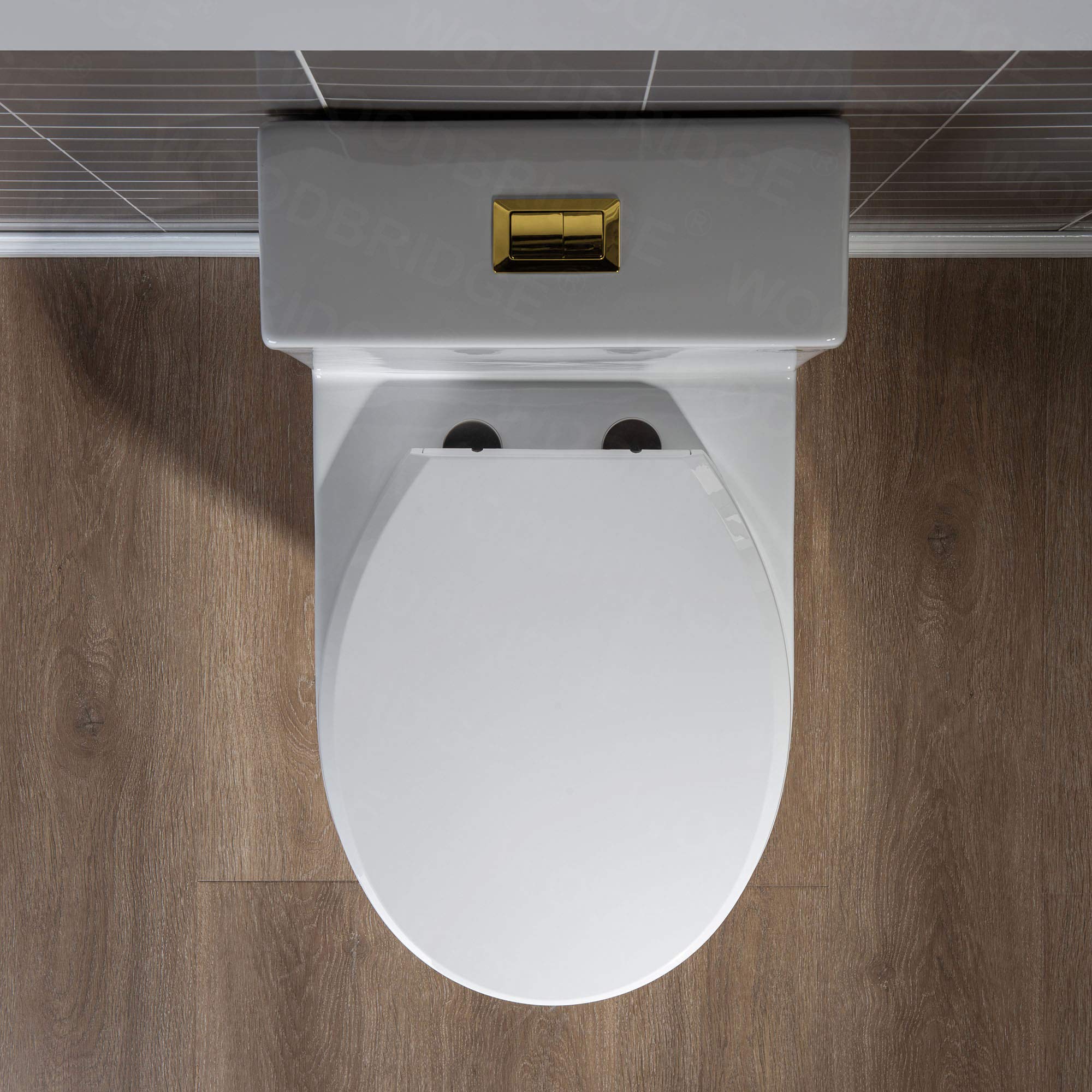 WOODBRIDGE Compact Dual Flush 1.28 GP One Piece Toilet with Soft Closing Seat - 1000 Gram MaP Flushing Score - Small Bathroom Toilet with Brushed Gold Button (B0500-BG, White) - Perfect for Tiny Bathrooms, Powder Rooms & Space-Saving Home Renovations