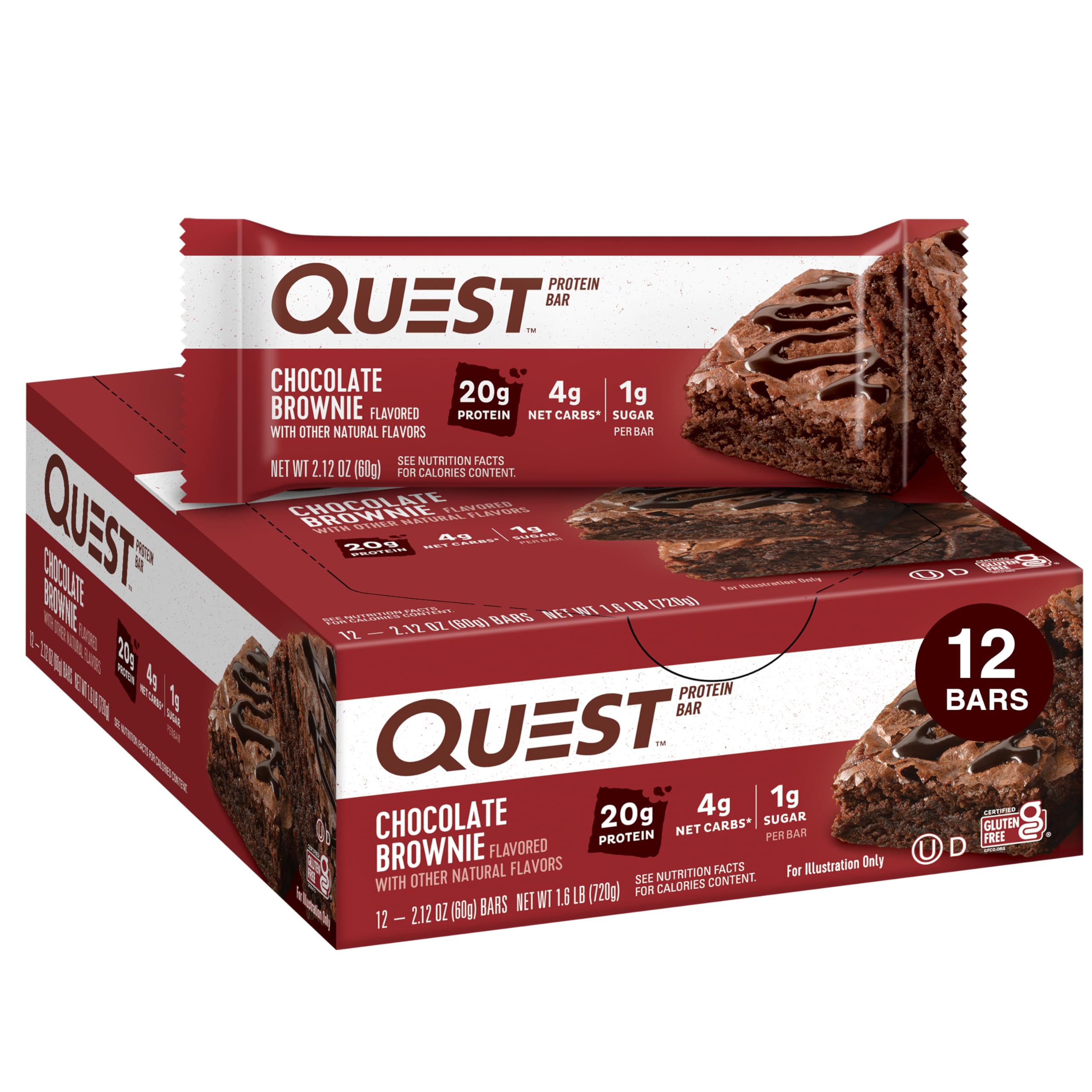 Quest Nutrition Chocolate Brownie Protein Bar - 20g Protein, 1g Sugar, 4g Net Carbs, Gluten Free, Keto Friendly (12 Count) - Perfect for Post-Workout Recovery & Healthy Snacking