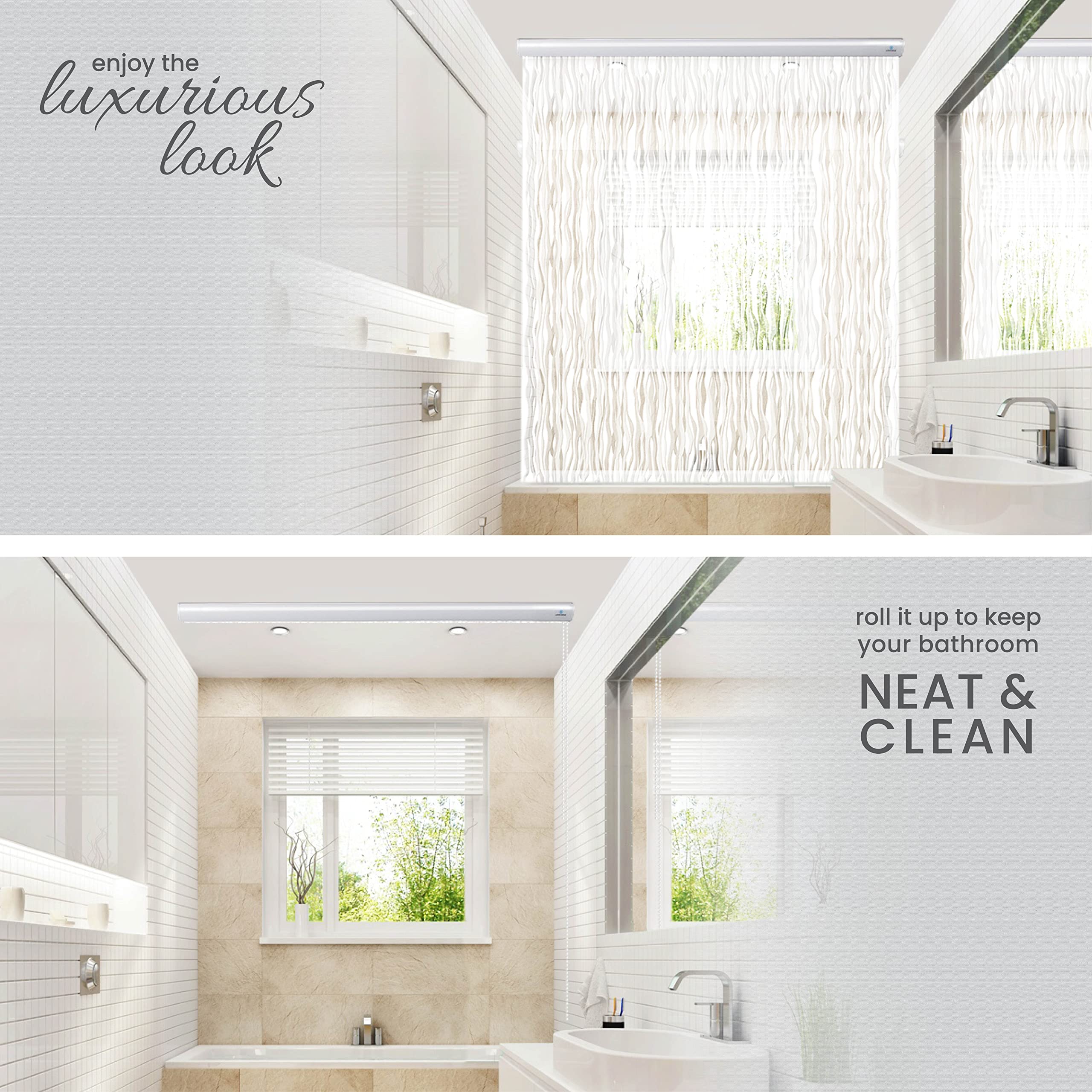 Waterproof Roll Up Shower Curtain - 100% PEVA Heavy Duty Bathroom Shower Blind for Bathtub (56x95 Inches, Wave Design) | No Rods/Hooks Needed | Perfect for Small Bathrooms & RVs