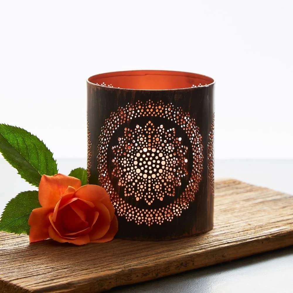 Handcrafted Gold & Garden India Small Mandala Black Iron Sheet Metal Lantern - Perfect for Home Decor, Patio Lighting, and Meditation Spaces