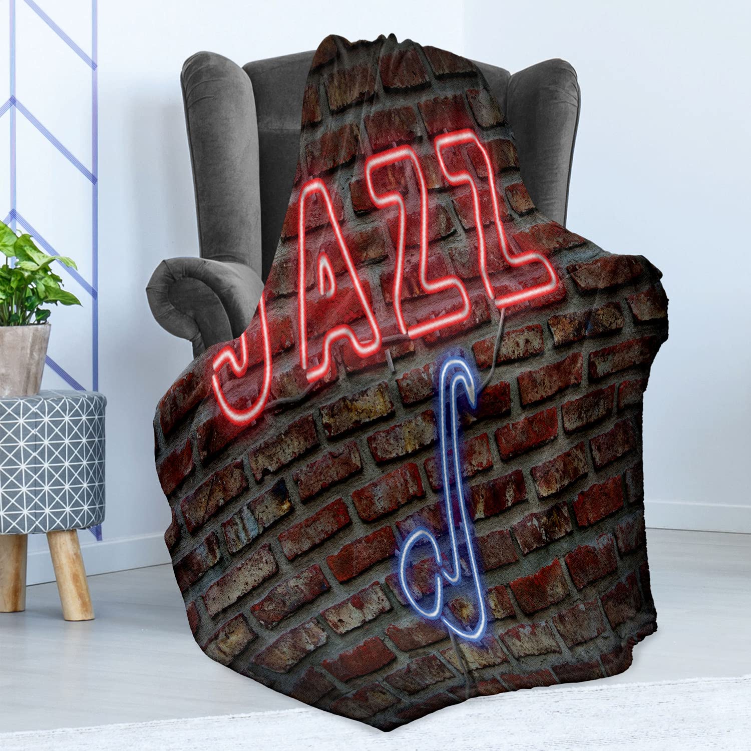 Ambesonne Music Themed Throw Blanket - Neon Jazz Saxophone Print on Brick Wall Design, 50