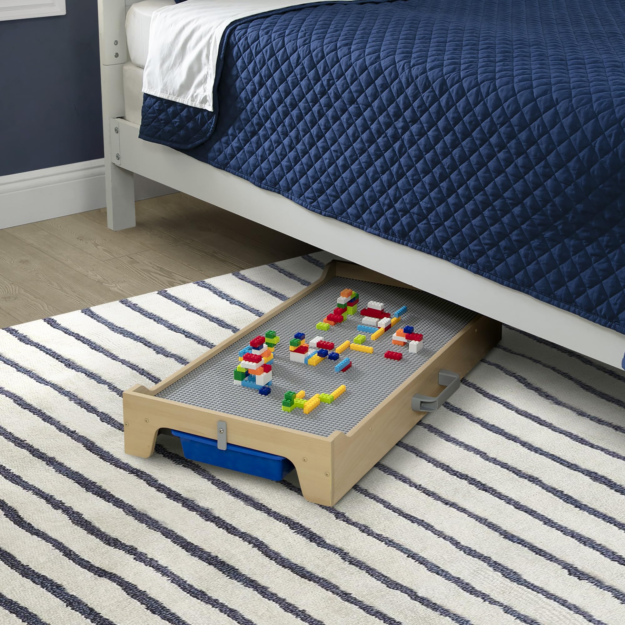Delta Children Play N Store Building Bricks Play Table with 100+ Bricks - Large LEGO-Compatible Base Plate - Foldable Legs for Storage, Grey - Perfect for Kids Playroom, Preschool Learning & Creative Building Activities