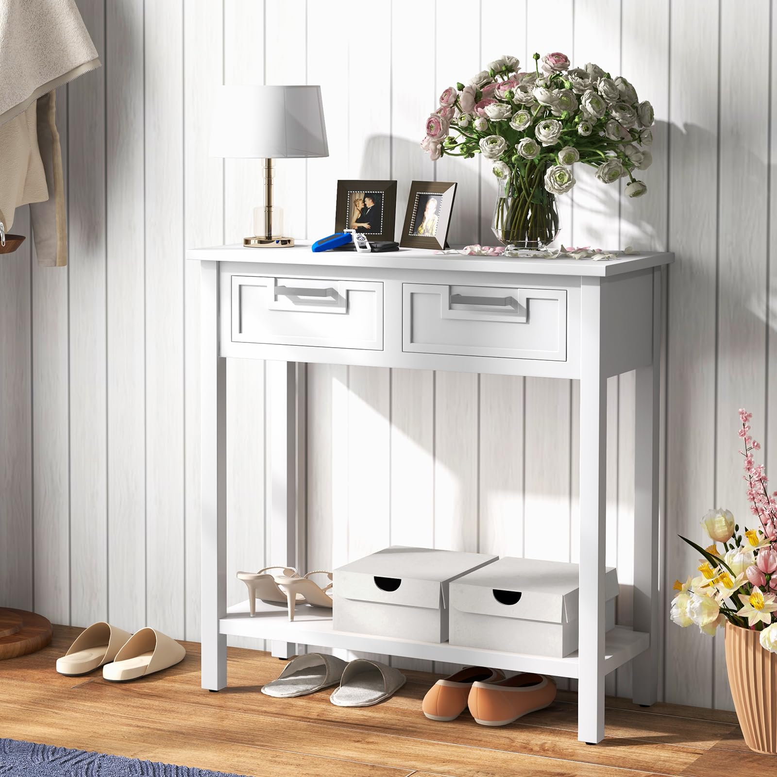 Giantex White Console Table with Drawers & Shelf - Entryway Sofa Table for Living Room, Office & Hallway