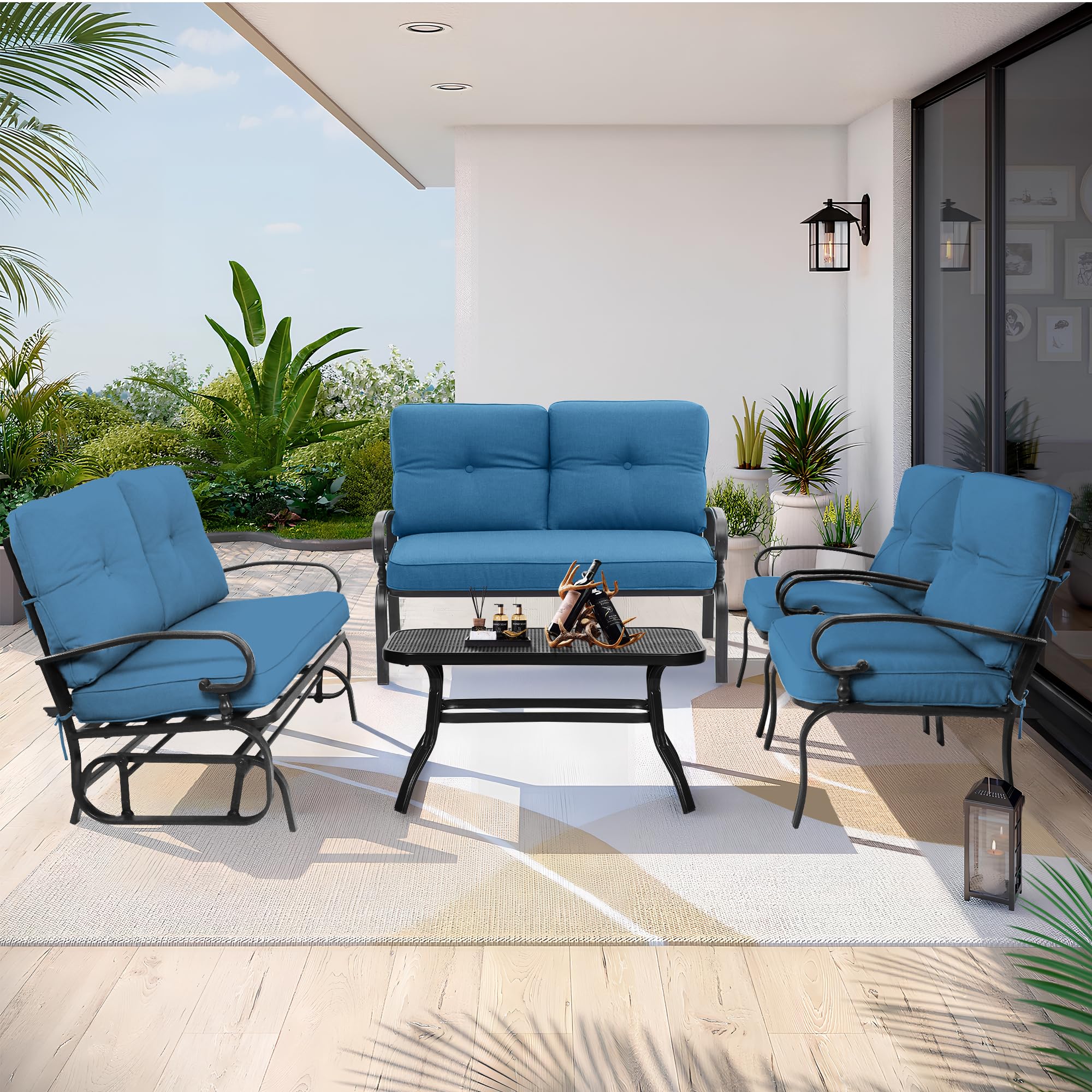 5-Piece Outdoor Patio Furniture Set with Glider, Loveseat, Coffee Table & 2 Cushioned Lounge Chairs - Peacock Blue - Perfect for Garden, Backyard, Poolside & Patio Relaxation