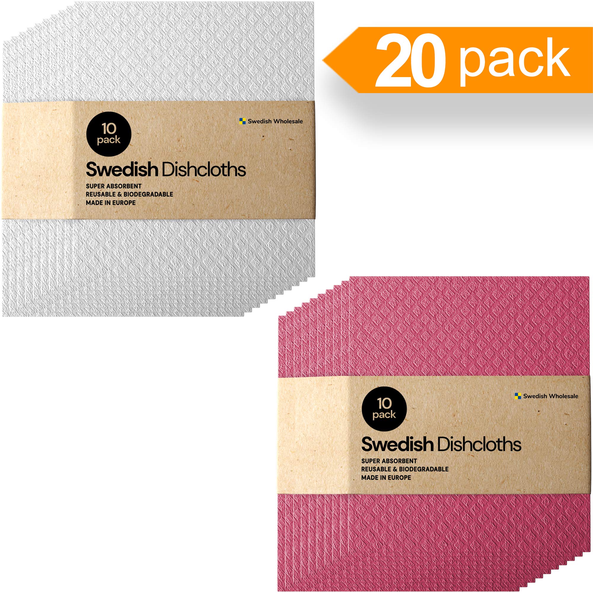 20-Pack Swedish Dishcloths - 10 White & 10 Red Cellulose Sponge Cloths for Kitchen Cleaning, Dish Washing, and Countertop Wiping