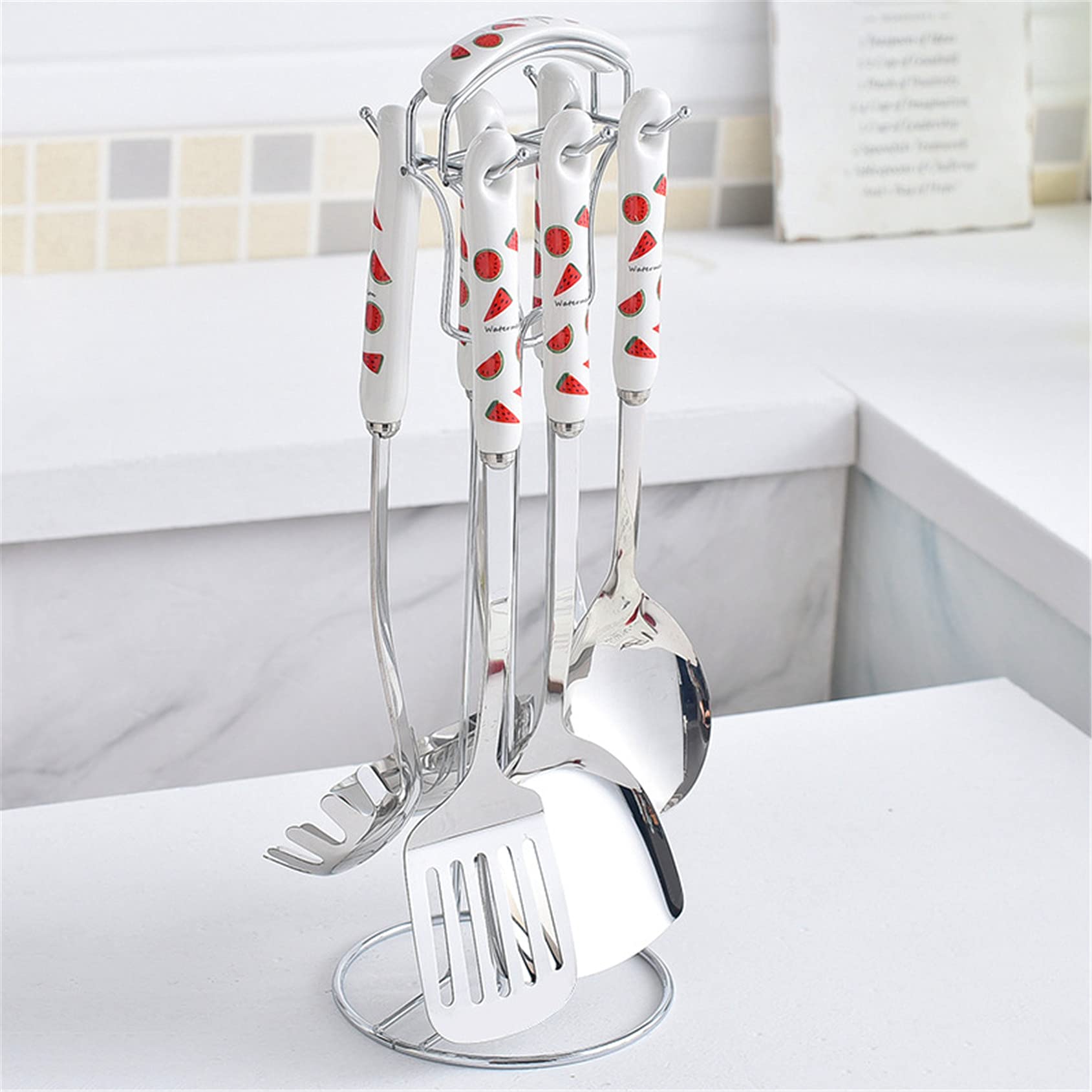 Premium 6-Piece Kitchen Utensil Set with Holder - Stainless Steel Soup Ladle, Spatula, Slotted Turner, Skimmer Spoon & Rice Paddle - Nordic Style Cookware for Cooking, Baking & Serving - Perfect for Home Chefs & Restaurant Use