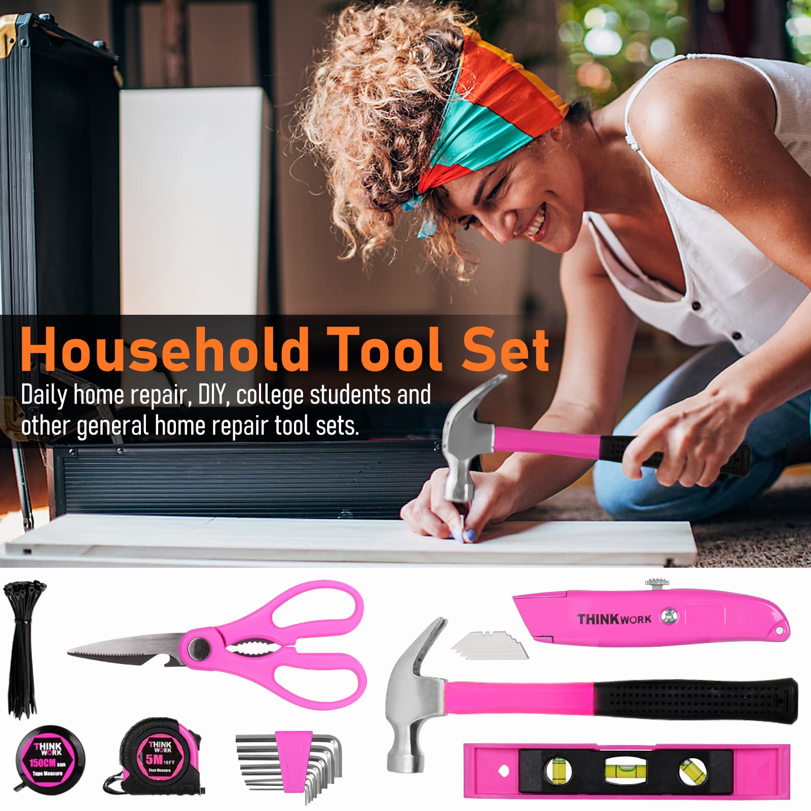 THINKWORK 207-Piece Pink Tool Set for Women - Portable Home Repair Tool Kit with 13'' Wide Mouth Storage Bag | DIY Projects, Household Maintenance | Perfect Christmas Gift for Her | LHTS-034 | Ideal for Home Improvement, Apartment Fixes & Crafting Projects