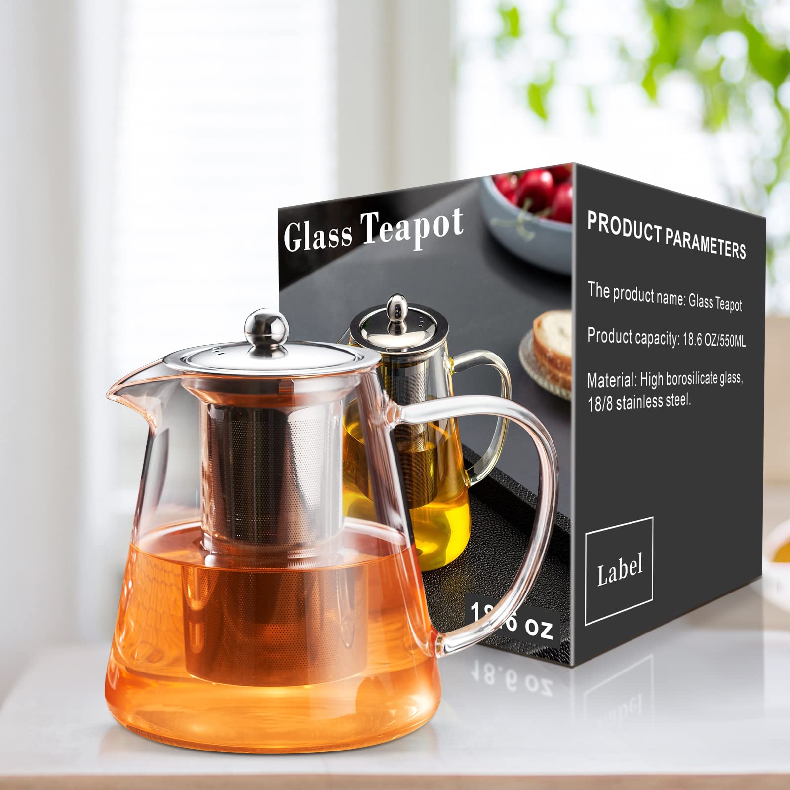 PARACITY 18.6 OZ Borosilicate Glass Teapot with Removable Stainless Steel Infuser - Clear Stovetop Tea Kettle for Blooming & Loose Leaf Tea - Perfect for Home, Office, Camping & Travel (550ML)