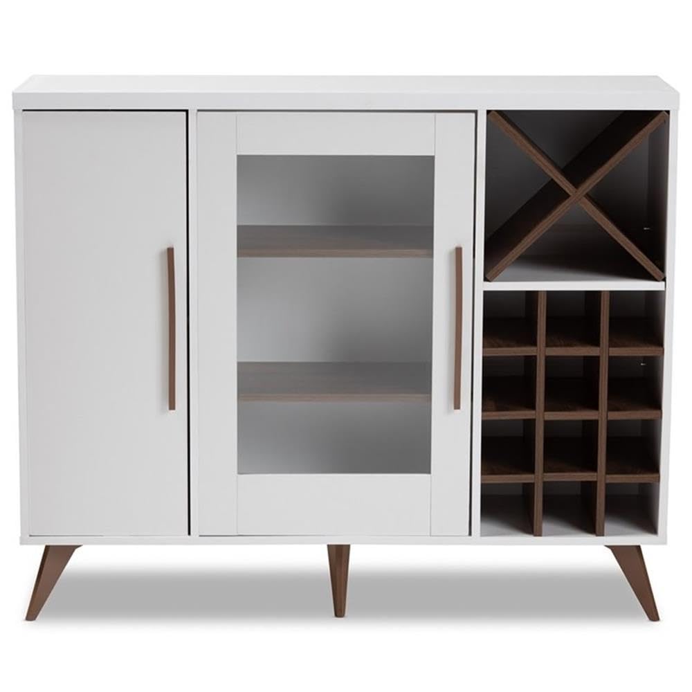 BOWERY HILL White and Brown Wine Cabinet - Rustic Wood Wine Storage for Kitchen, Dining Room or Bar - Perfect for Wine Bottle Organization and Display