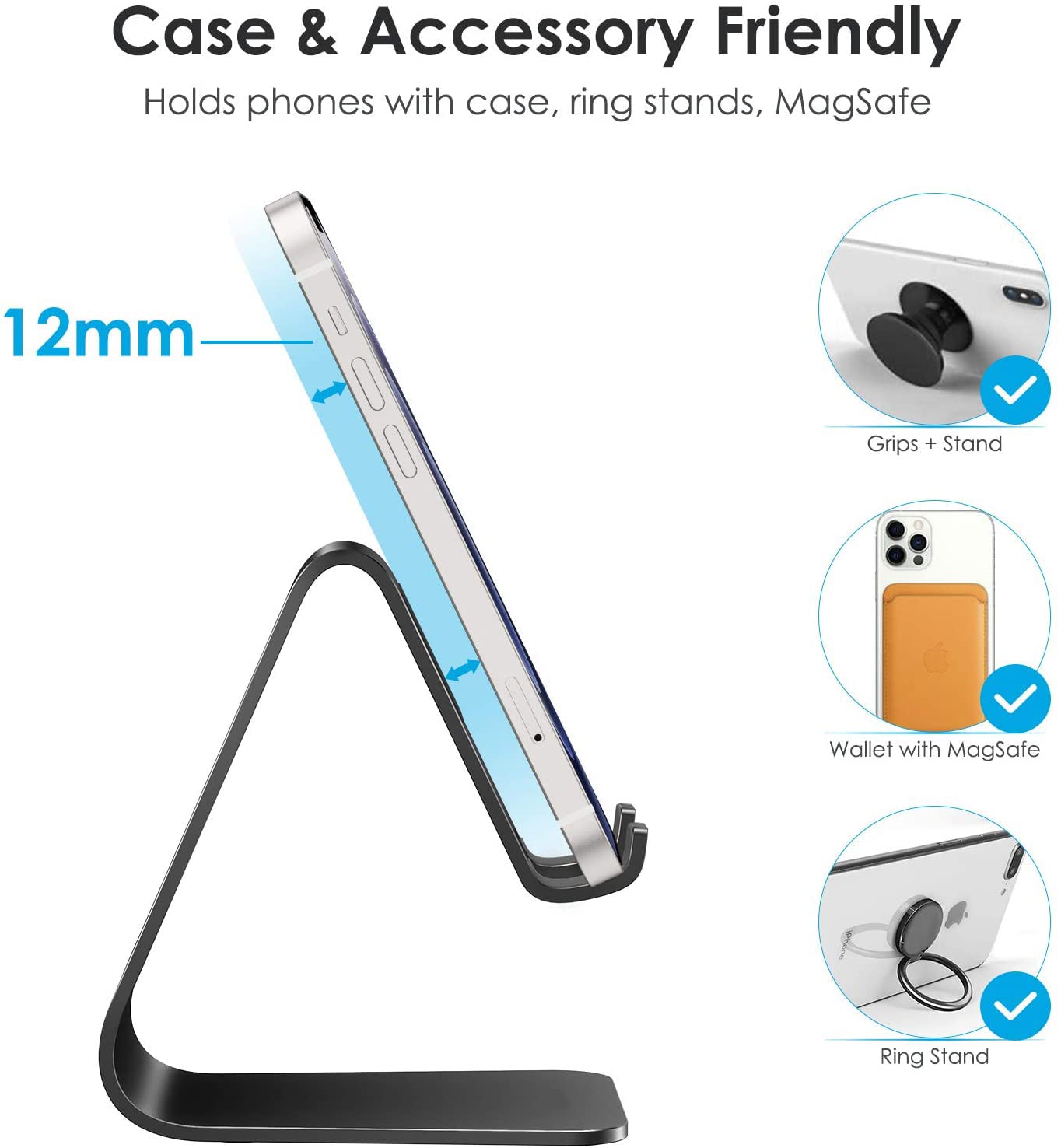 DGN Upgraded Aluminum Phone Stand with Non-Slip Pads - Universal Smartphone Holder for iPhone 13/12/11 Pro Max/XS/XR/8/7/SE, iPad Mini & Android Devices - Perfect for Desk, Bedside, Kitchen & Video Watching