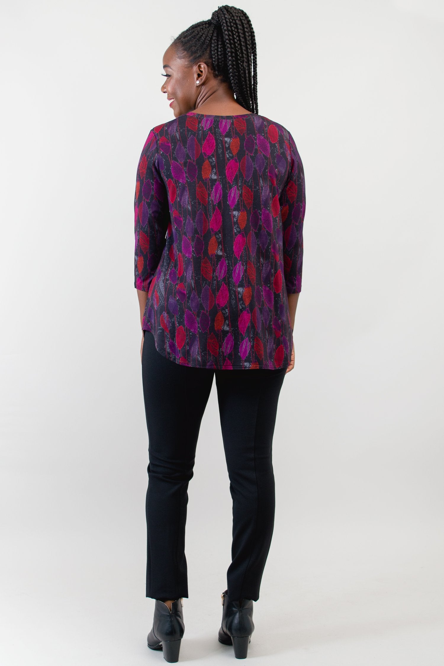 Jackie 3/4 Sleeve Women's Tops - Orchid Leaf Print Bamboo Fabric Blouse for Casual Wear & Summer Outfits | Final Sale