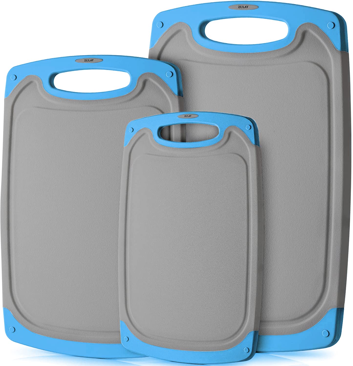 Zulay Kitchen 3-Piece Plastic Cutting Board Set - BPA Free, Dishwasher Safe, Non-Slip with Juice Groove - Multiple Sizes (Gray/Blue) for Meat, Vegetables, and Meal Prep