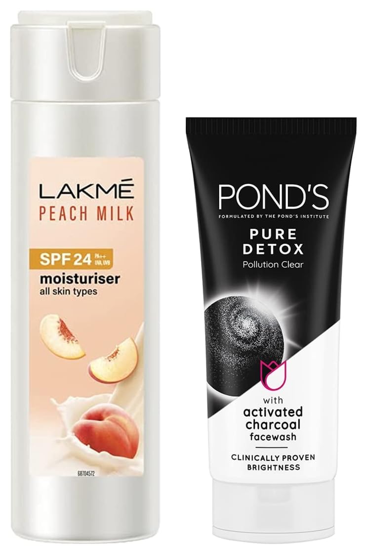 Pond's Pure White Anti Pollution Activated Charcoal Face Wash 100g & Lakme Peach Milk SPF 24 PA+ Sunscreen Moisturizer 120ml - Deep Cleansing & Daily Sun Protection for Oily & Combination Skin