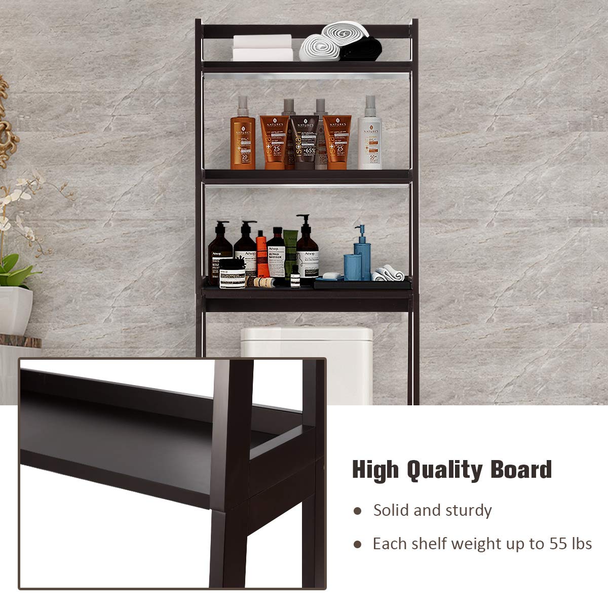 Tangkula Over The Toilet Storage Cabinet - 3-Tier Freestanding Bathroom Organizer with Adjustable Shelves, Space Saving Toilet Rack for Bath Towels, Toiletries & Decor (Brown) - Perfect for Small Bathrooms, Apartments & Powder Rooms