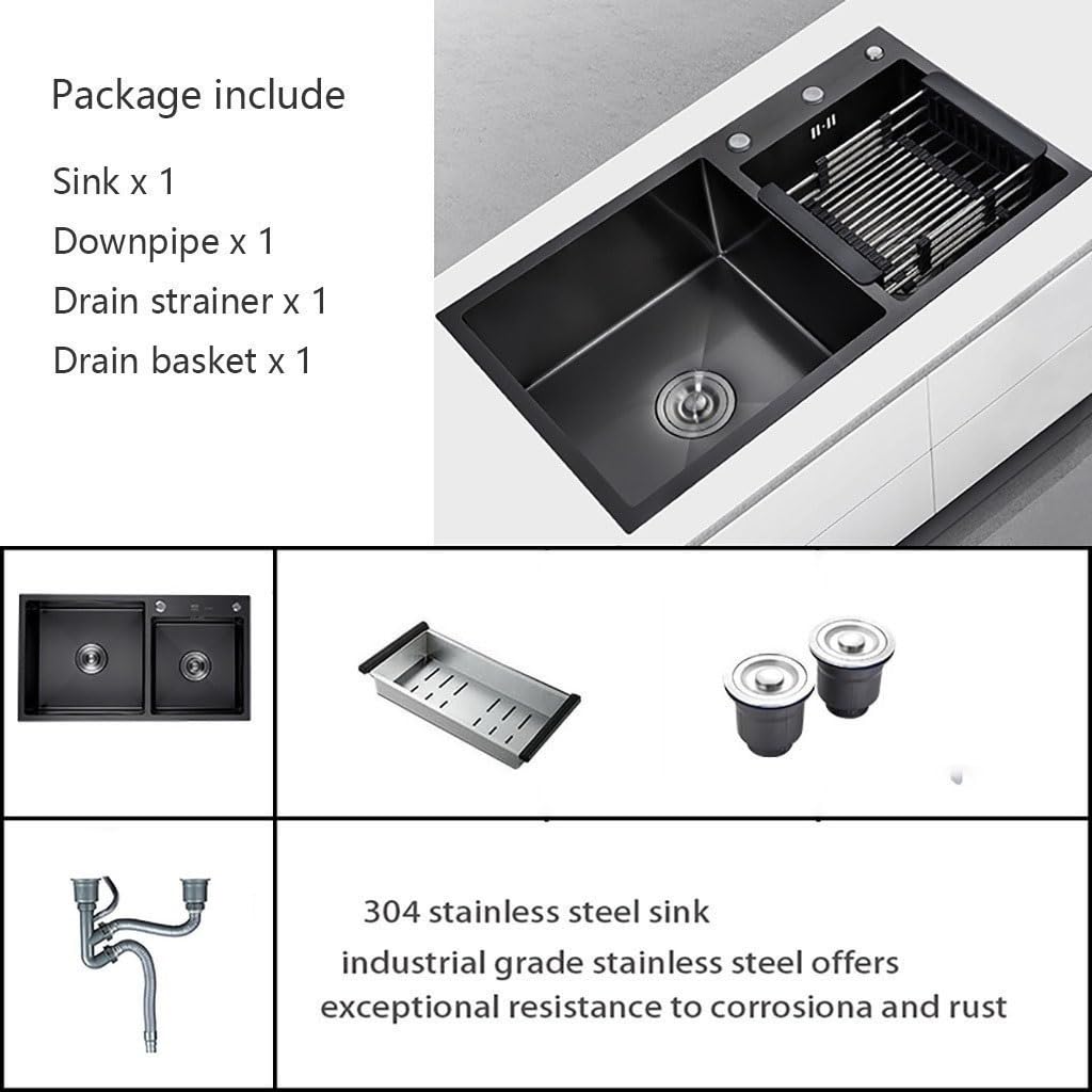 Premium 28x16x8.3 Inch Stainless Steel Undermount Double Bowl Kitchen Sink with Drain Tray - Black Nano Coating, Heavy Duty for Modern Homes - Perfect for Meal Prep, Washing Dishes & Entertaining