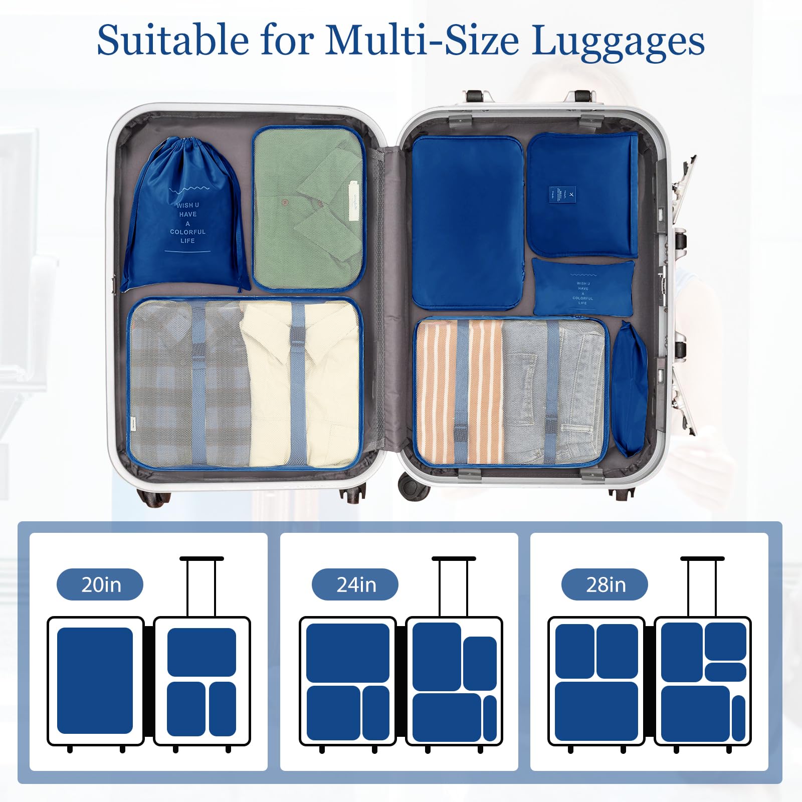 Hestiasko 9-Piece Waterproof Packing Cubes Set - Lightweight & Foldable Travel Organizers for Suitcase, Clothes, Shoes & Cosmetics - Perfect for Business Trips, Vacations & Daily Use (Navy Blue)