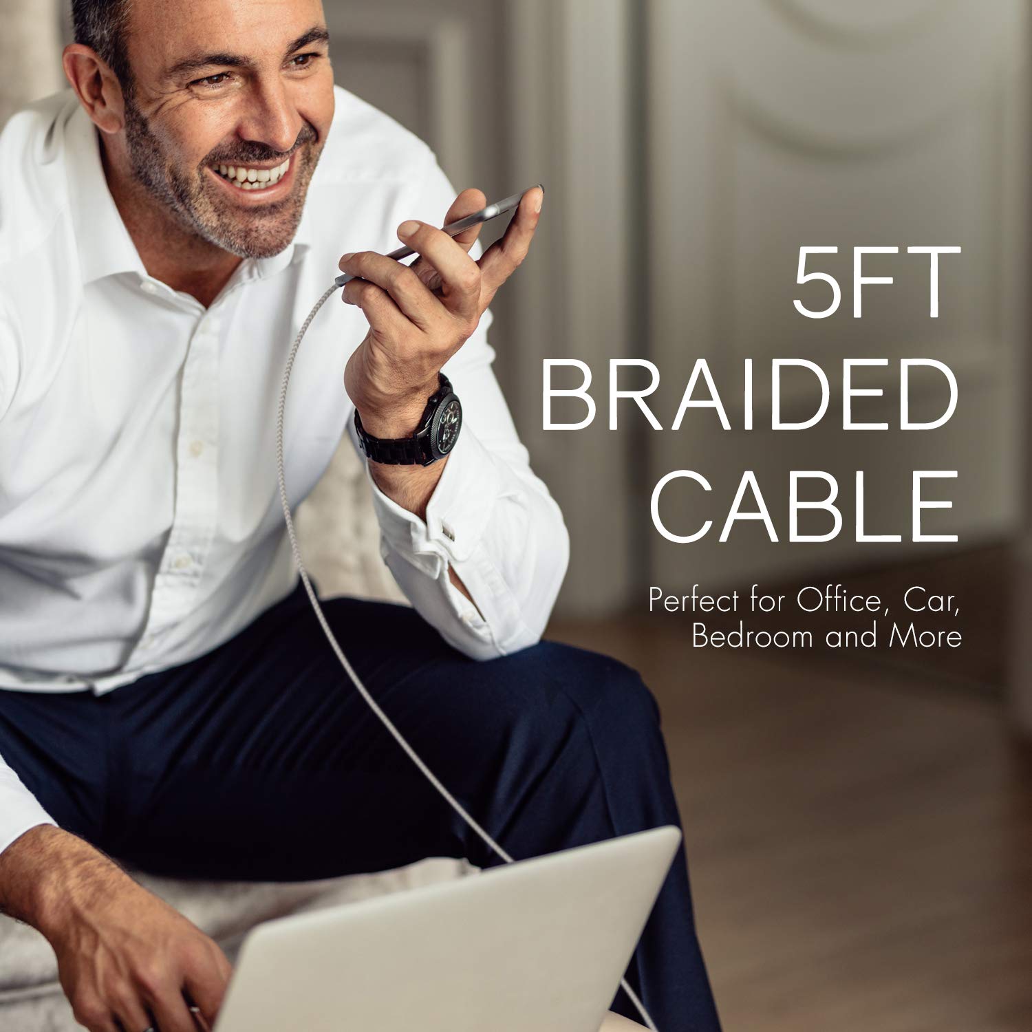 MFi Certified USB-C to Lightning Cable - Nylon Braided Fast Charging Cord for iPhone 12/13/14/15, iPad & AirPods - Durable White Charger Cable for Home, Office & Travel