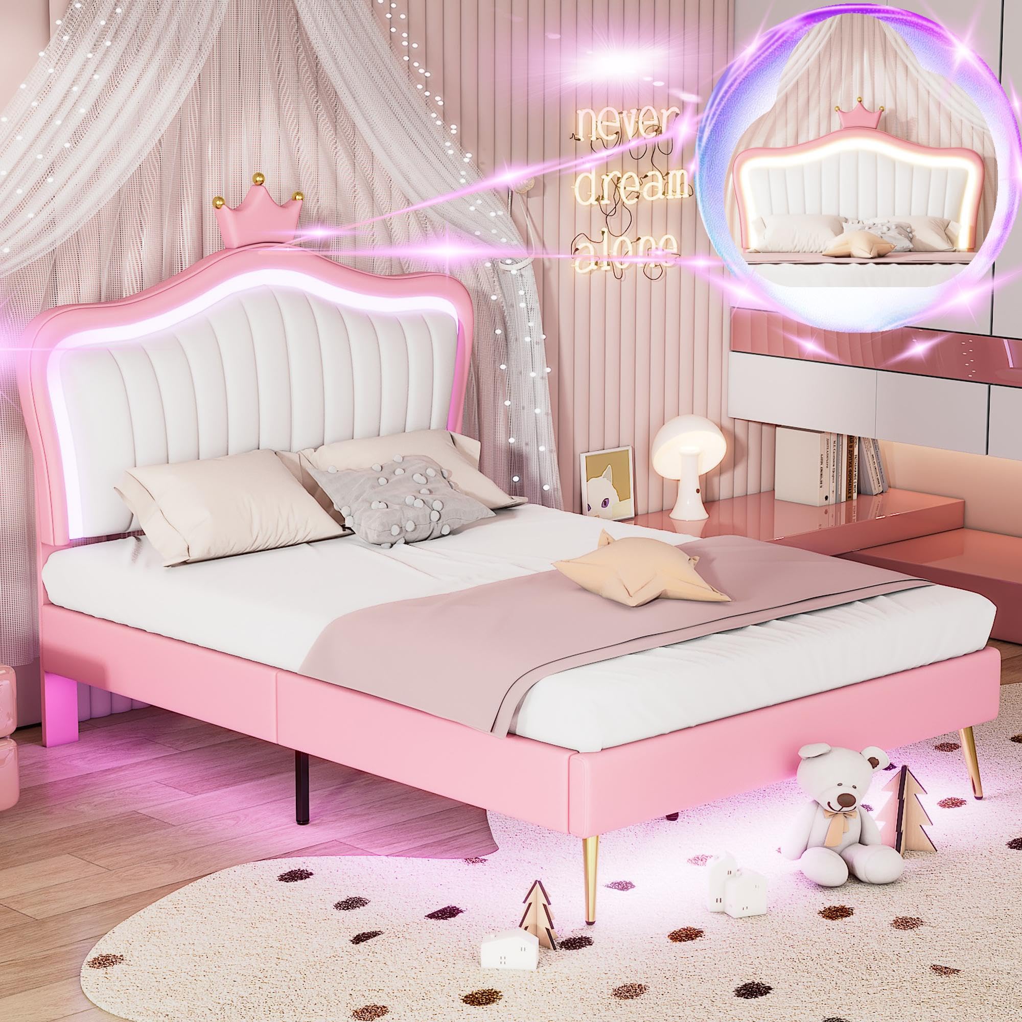 Linique Full Size Upholstered Bed Frame with LED Lights - Modern Princess Bed with Crown Headboard in White & Pink | Perfect for Girls' Bedroom, Teen Room & Luxury Bedroom Decor