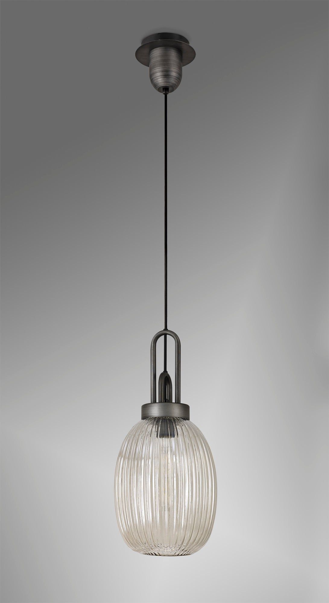 Cadiz 1-Light Pendant Light Fixture with 20cm Almond Ribbed Glass Shade, E27 Socket, IP20 Rated - Perfect for Kitchen Island, Dining Room, or Bedroom Lighting