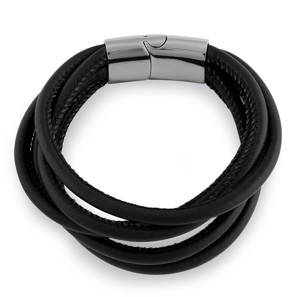 Stainless Steel Layered Black Leather Bracelet for Men - Durable Fashion Jewelry for Casual & Formal Wear - Perfect Gift for Him