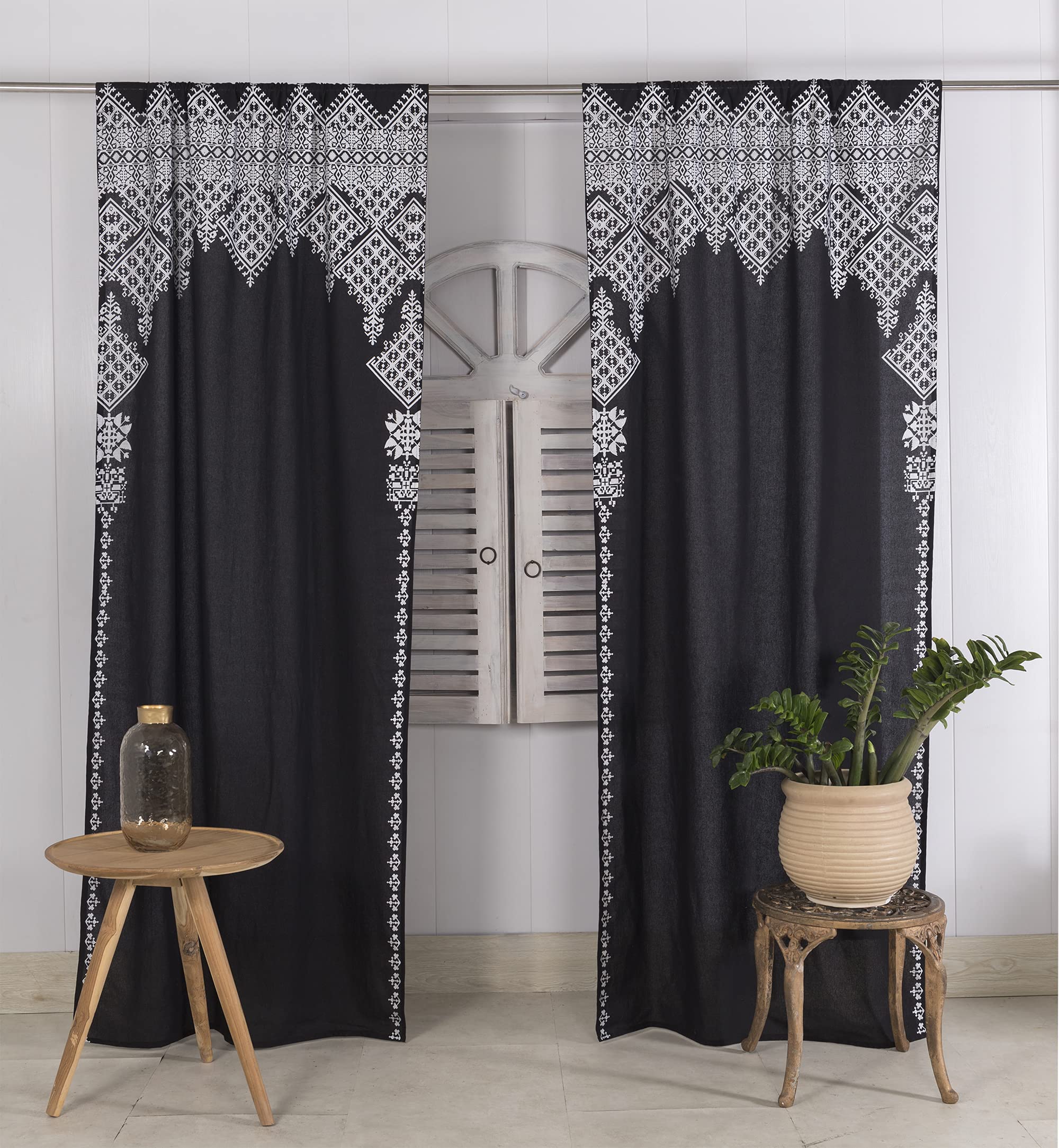 Madhu International Set of 2 Bohemian Curtains - Handmade Cotton Indian Tapestry Drapes with Rod Pocket - Floral Mandala Print Window Panels for Living Room & Bedroom - Black & Silver (41x87 inches) - Perfect for Home Decor, Yoga Studios, and Meditation Spaces