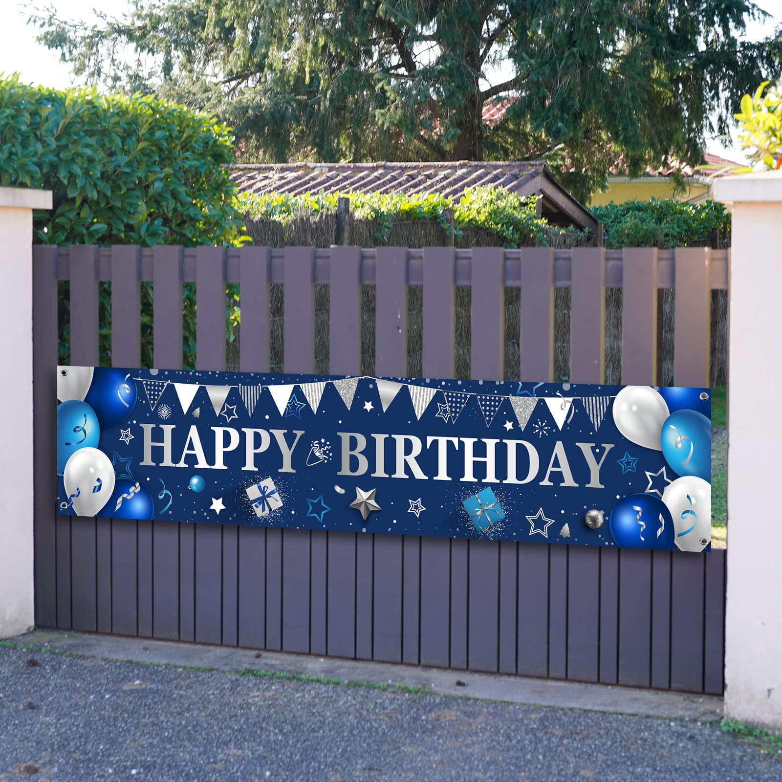 Happy Birthday Yard Banner - Large Outdoor & Indoor Party Decor for Men & Women - Blue & Silver Backdrop for Birthday Celebrations, Events & Photo Booths