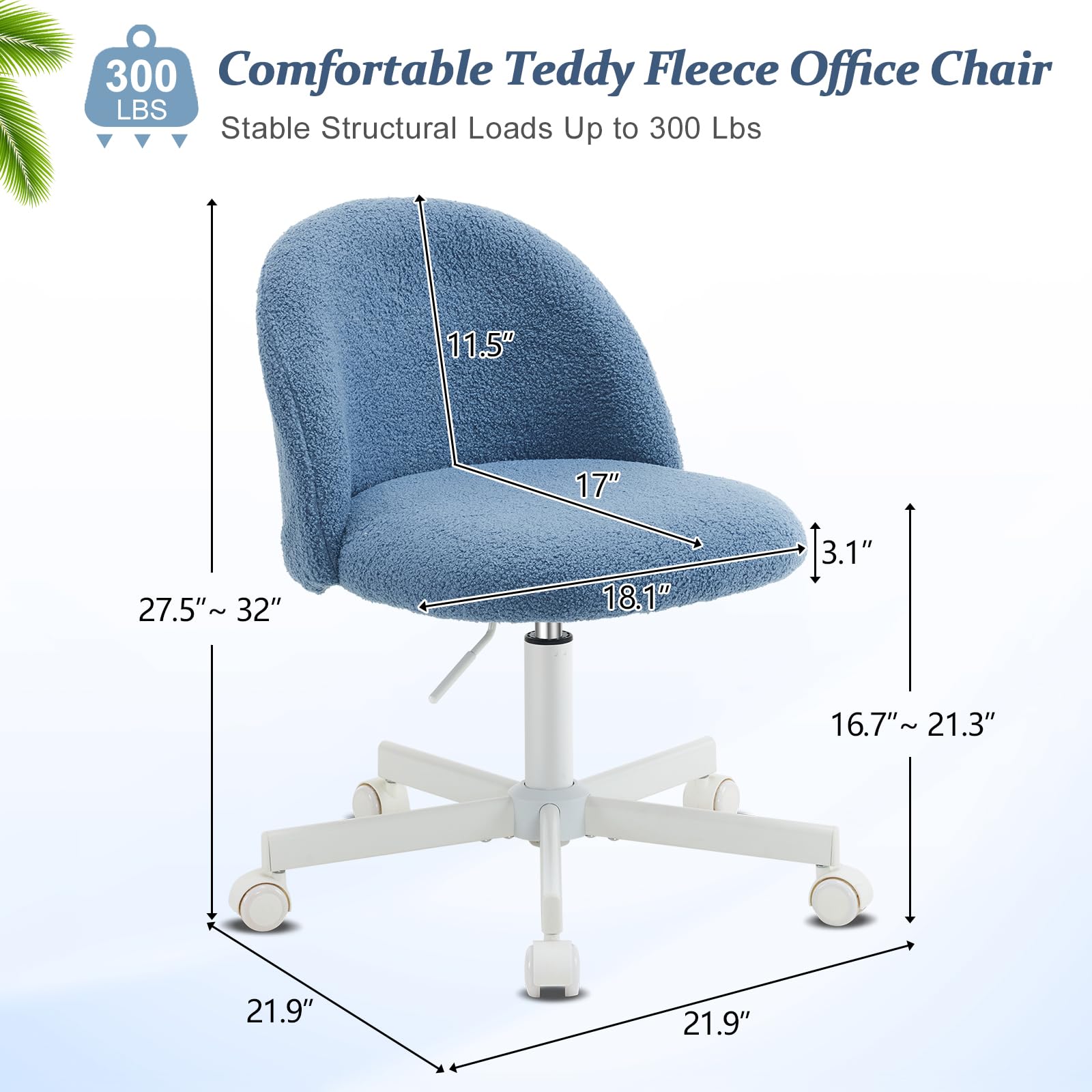VINGLI Armless Cute Desk Chair with Wheels - Comfortable Small Office Chair, Adjustable Swivel Vanity Chair with Lumbar Support, Rolling Computer Task Chair for Home Office & Bedroom (Fog Blue) - Perfect for Gaming, Studying, and Workspace Ergonomics