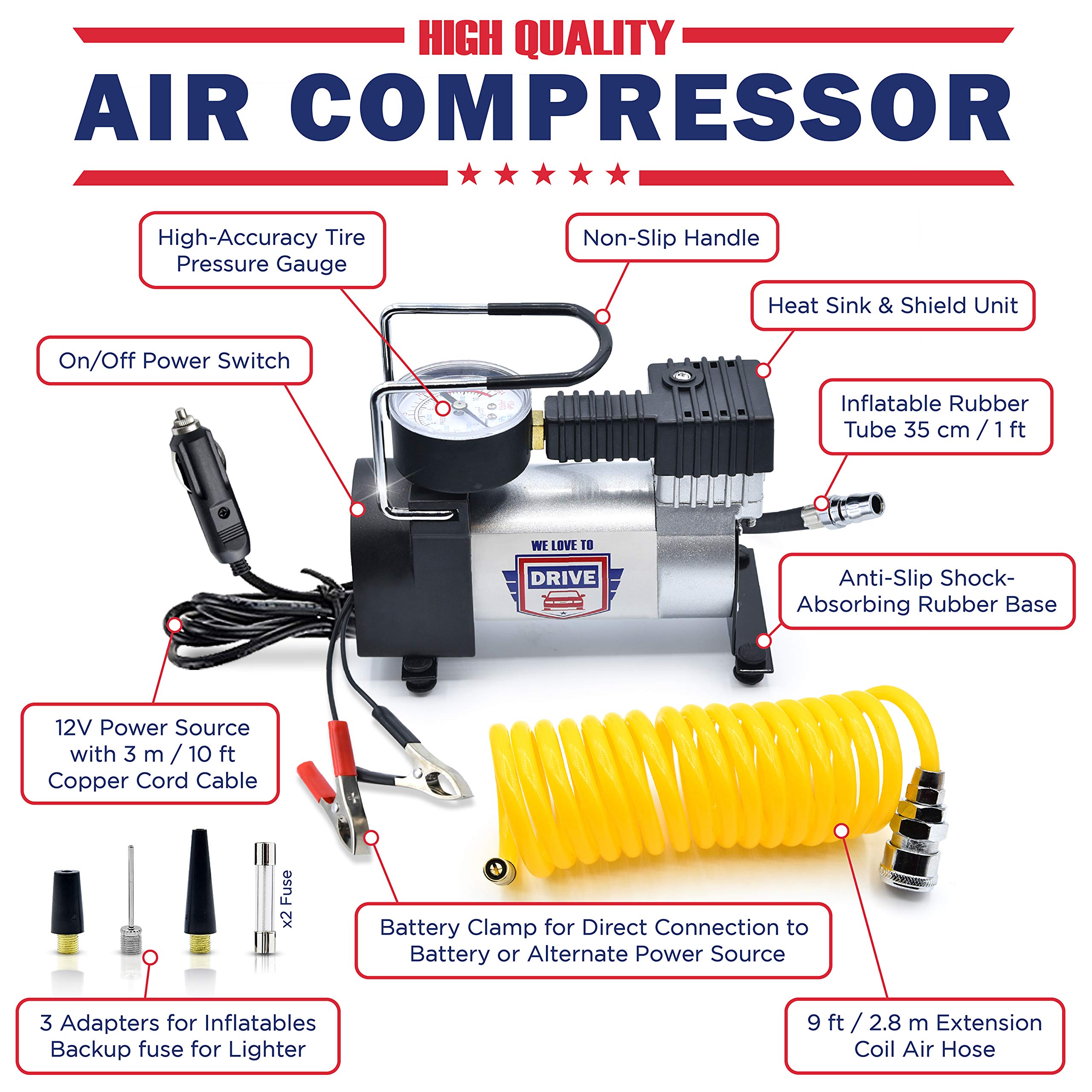 Portable 12V DC Air Compressor for Car Tires - 150 PSI Tire Inflator with Pressure Gauge, Tire Repair Kit & Emergency Accessories | Compact Air Pump for Roadside Assistance, Camping & Vehicle Maintenance