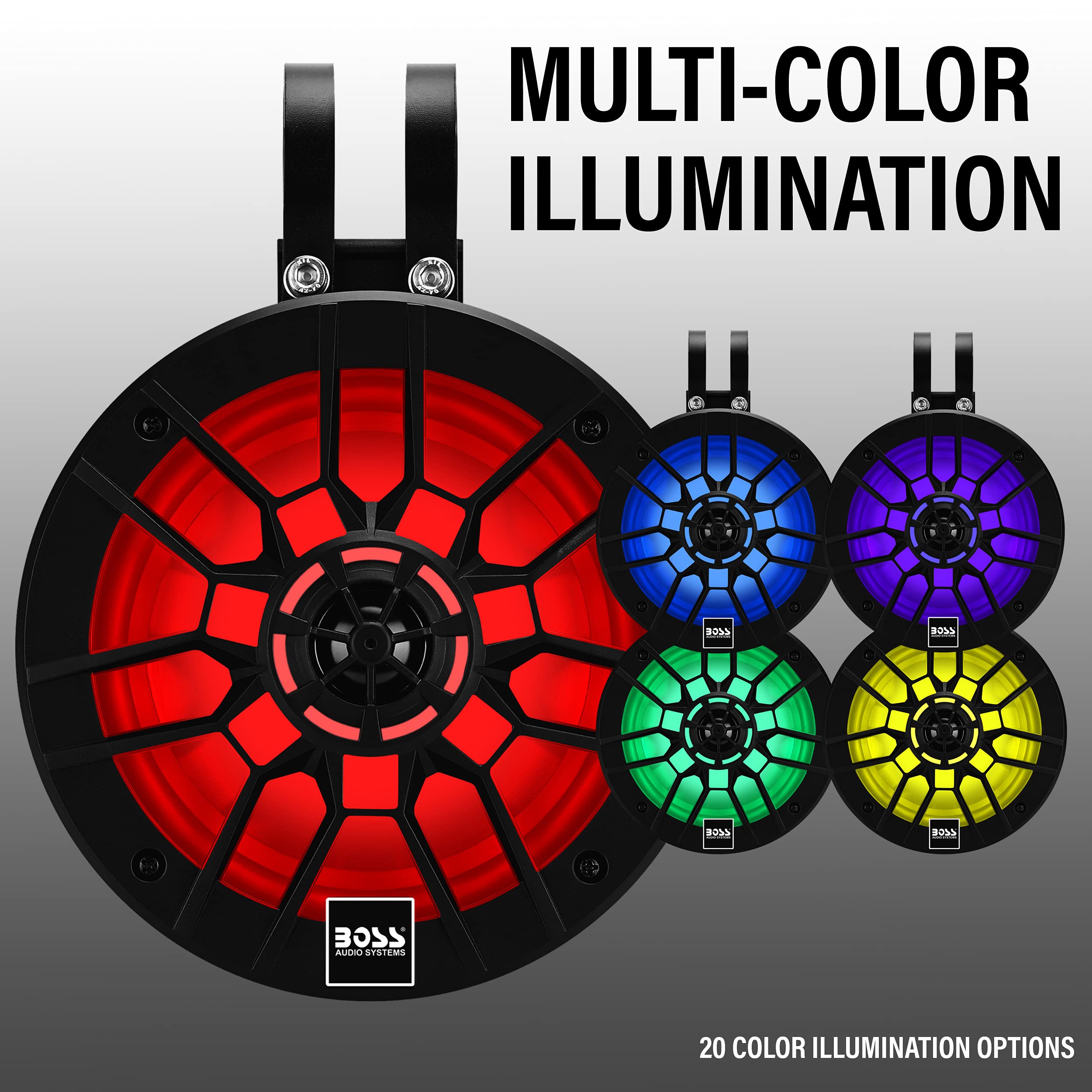 BOSS Audio Systems MPWT60RGB 6.5 Inch ATV Marine Boat Wake Tower Speakers - IPX6 Waterproof, RGB Multi-Color LED Lights, Golf Cart & UTV Compatible - Perfect for Off-Road, Boating & Outdoor Adventures