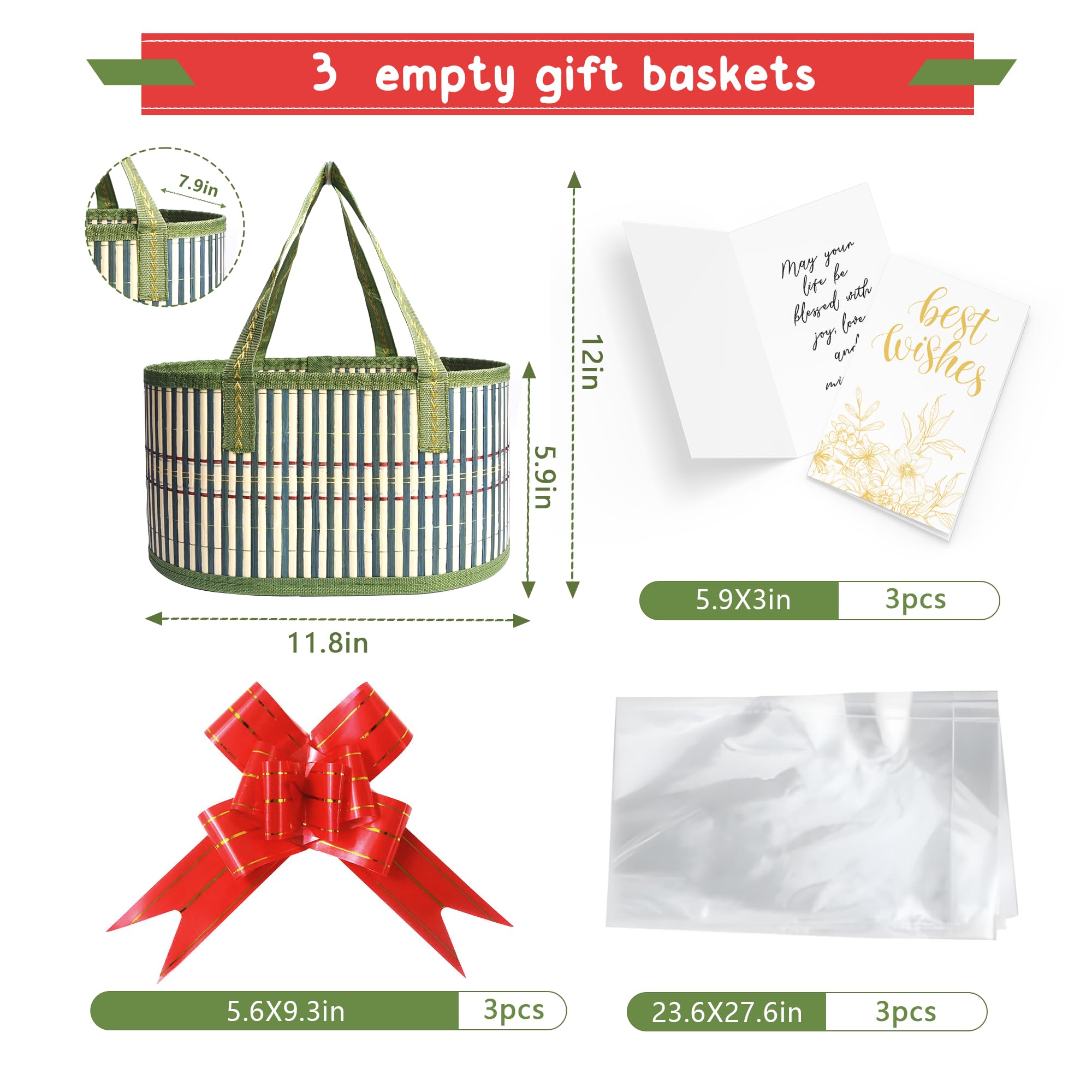 3-Piece Empty Gift Basket Set - Woven Bamboo Gift Baskets for Women, Birthday & Christmas Presents - Includes 3 Cellophane Wrap Bags & 3 Gift Cards - Perfect for Party Favors, Holiday Gifting & Special Occasions