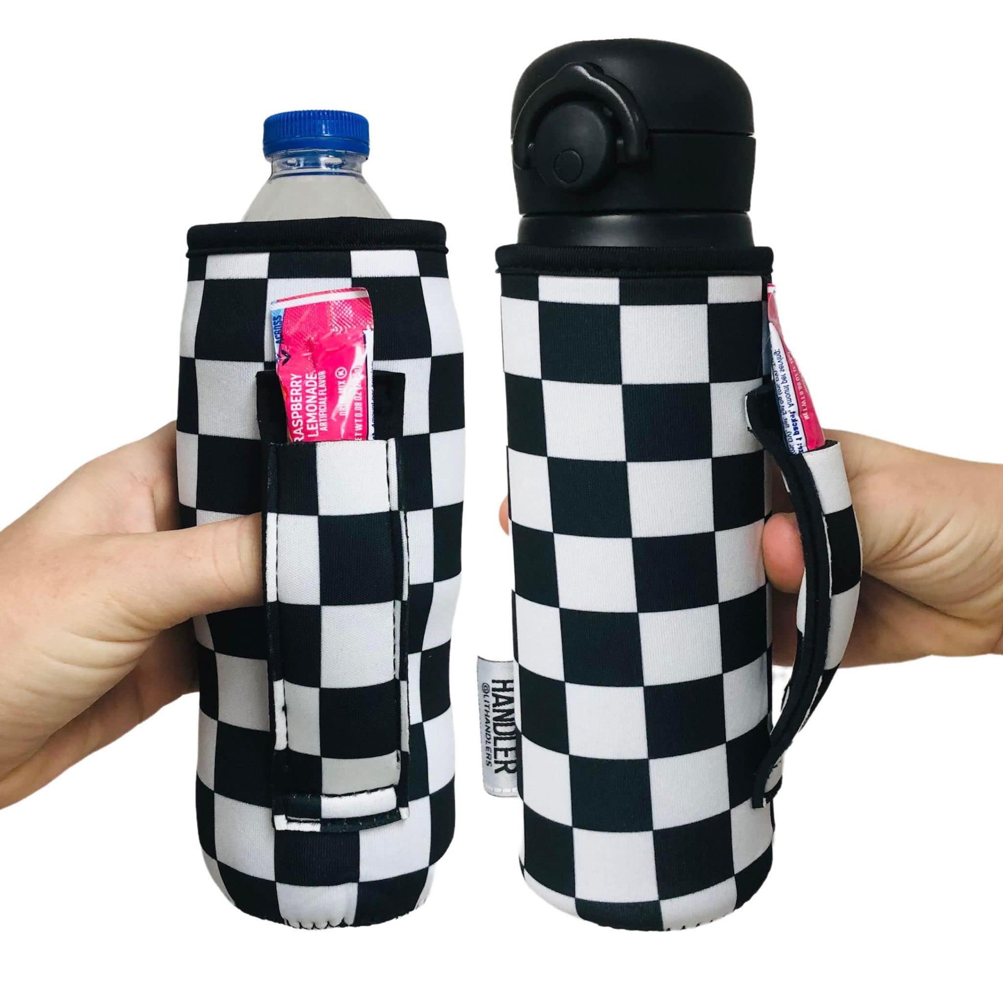 Neoprene Water Bottle Sleeve - Insulated 16oz & 24oz Can Holder for Walking, Running, Cycling - Water Resistant Drink Cover with Checkerboard Design - Perfect for Gym, Hiking, Travel and Outdoor Activities