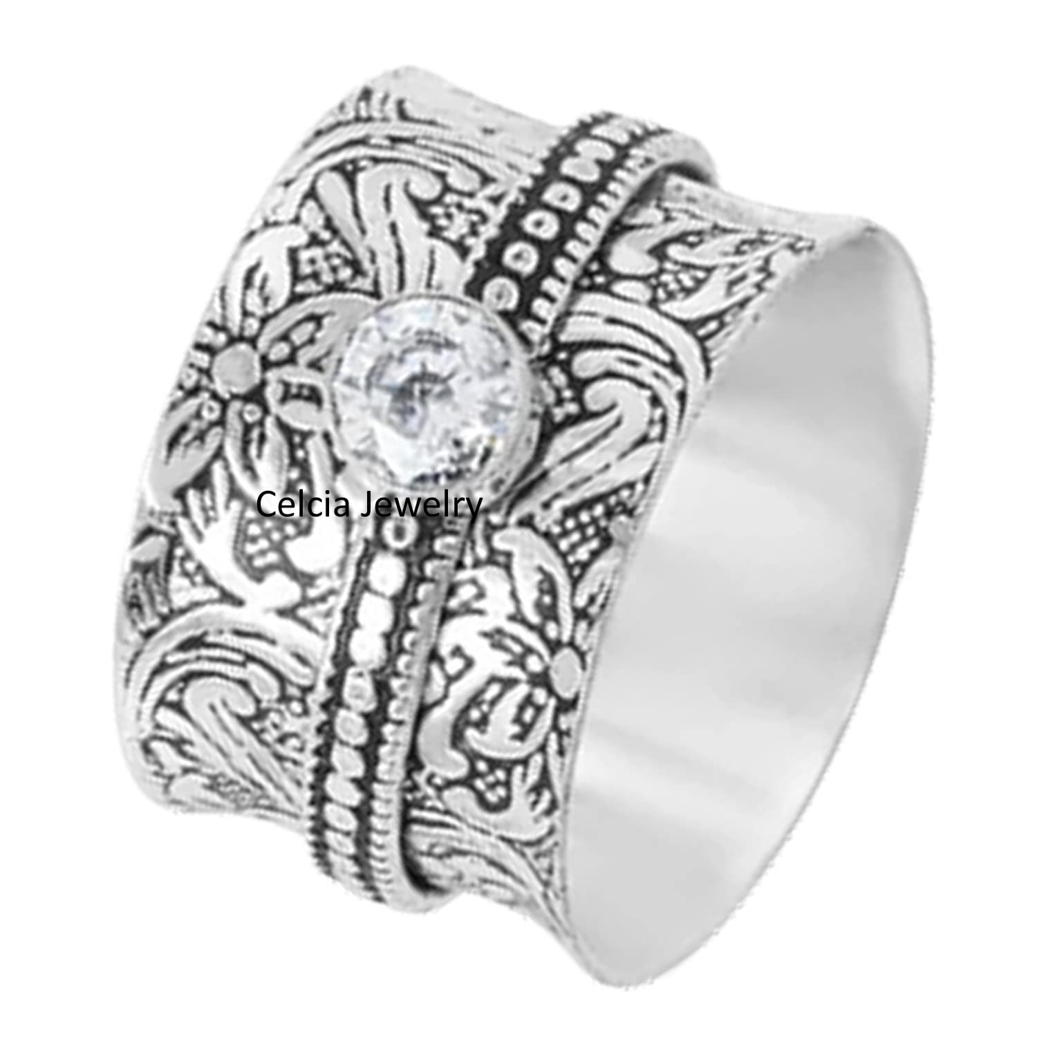 Natural Crystal Quartz Spinner Ring for Meditation & Anxiety Relief - Vintage Fidget Worry Ring - US Size 7 Jewelry for Stress Relief, Focus & Mindfulness Practice
