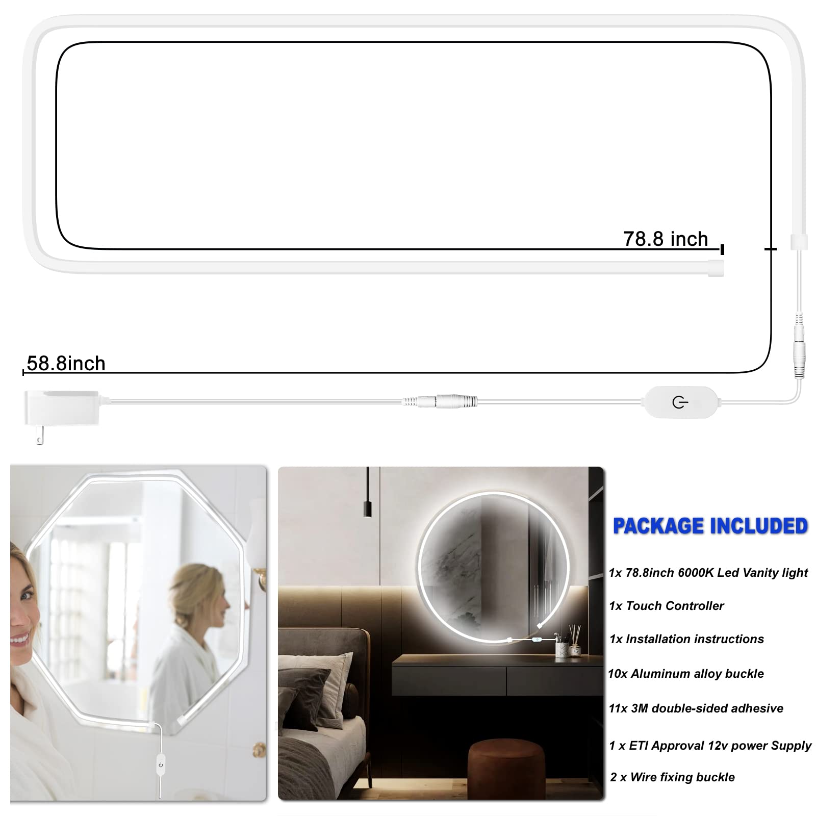 Blikshin 12V LED Vanity Mirror Lights - 6.6FT Dimmable Makeup Lights with ELT Approval (6000K) - Self-Adhesive Bathroom Mirror Lighting for Dressing Room, Makeup Station & Full Body Mirror - Perfect for Home Spa, Salon & Beauty Routines