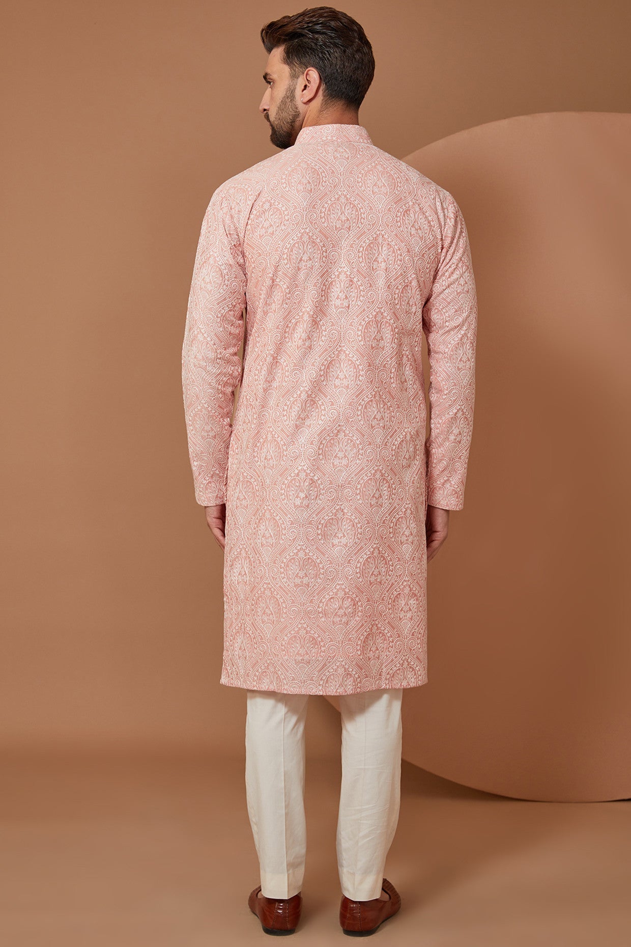Elegant Peach Embroidered Kurta with White Threadwork - Perfect for Festivals, Weddings & Ethnic Fashion