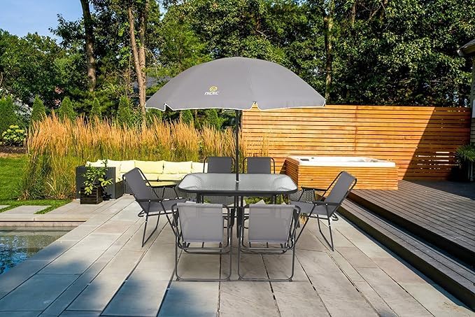 Premium 8-Piece Outdoor Dining Set with Umbrella - Patio Furniture Set with Glass Table & 6 Folding Chairs (Grey) - Perfect for Garden, Backyard, Poolside & Outdoor Entertaining