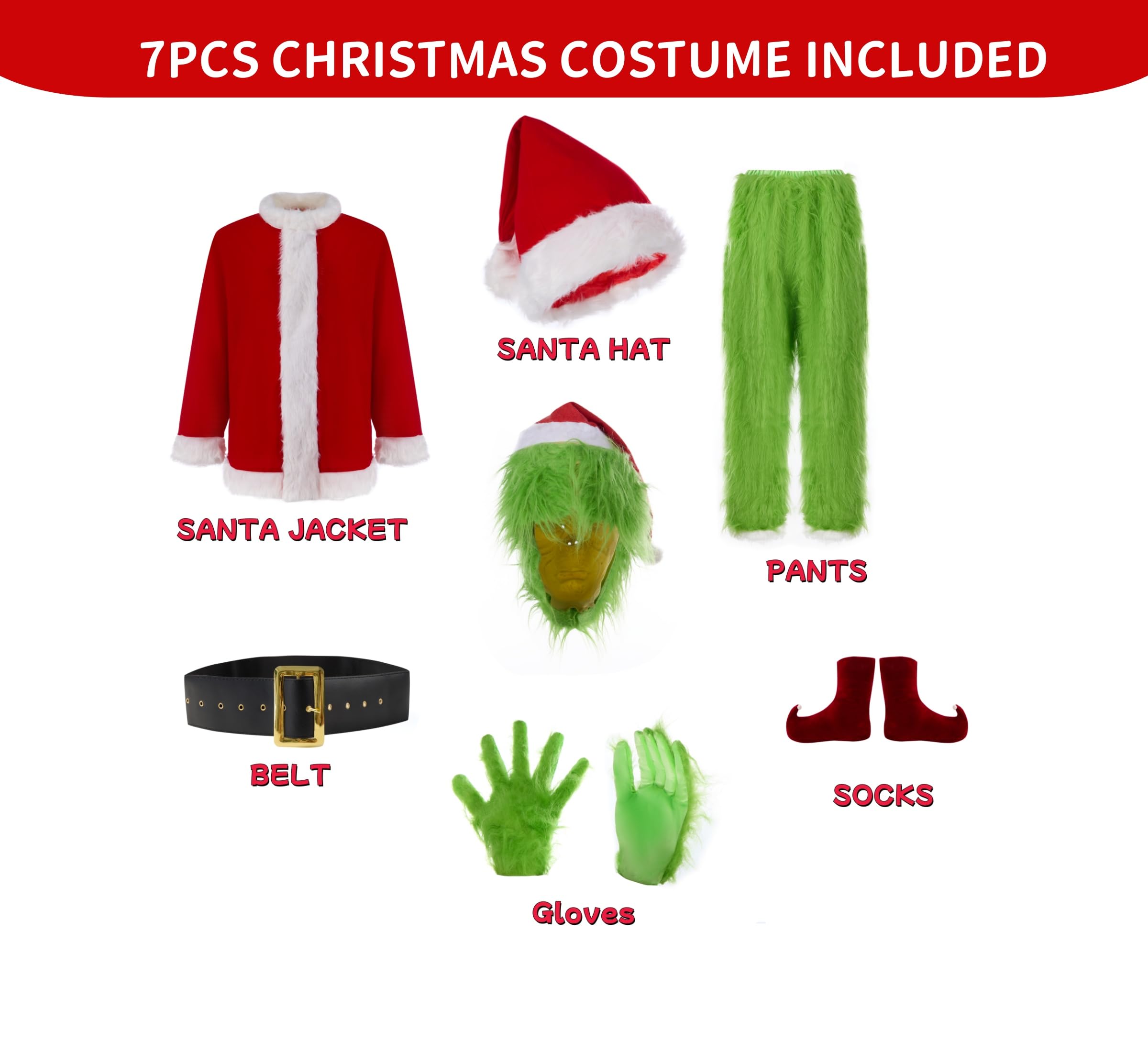 7PCS Christmas Green Monster Costume for Adults - Santa Suit Set with Mask | Festive Holiday Party Outfit for Cosplay, Christmas Events & Themed Gatherings