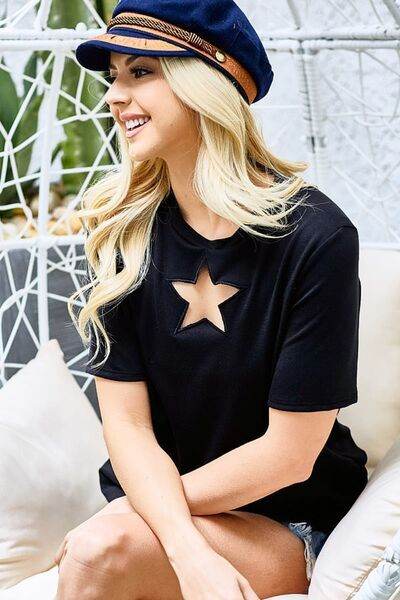 BiBi Star Cutout Short Sleeve T-Shirt for Women | Trendy Summer Casual Top | Perfect for Beach Outings, Music Festivals & Streetwear Fashion