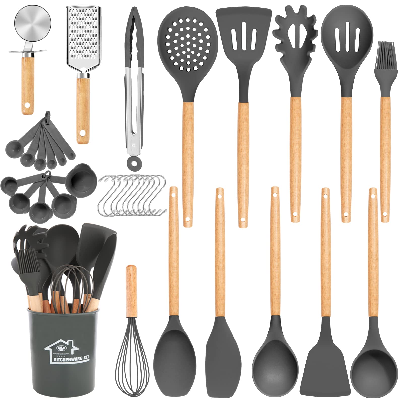 36-Piece Silicone Cooking Utensils Set with Wooden Handle & Holder - Heat-Resistant Kitchen Tools for Nonstick Cookware - Perfect for Baking, Frying & Everyday Cooking (Gray)