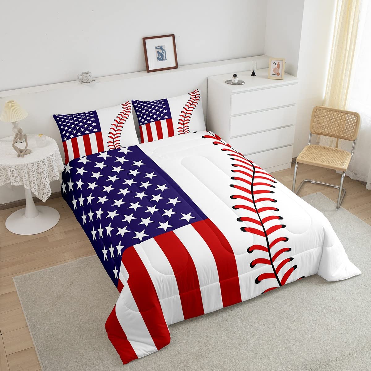 American Flag Comforter Set Twin - Abstract Baseball Bedding 2pc for Kids, Teens & Adults | Sports Themed Quilt with Pillowcase | Red & White Duvet Cover | Perfect for Boys Room, Game Day Decor & Patriotic Bedroom Style